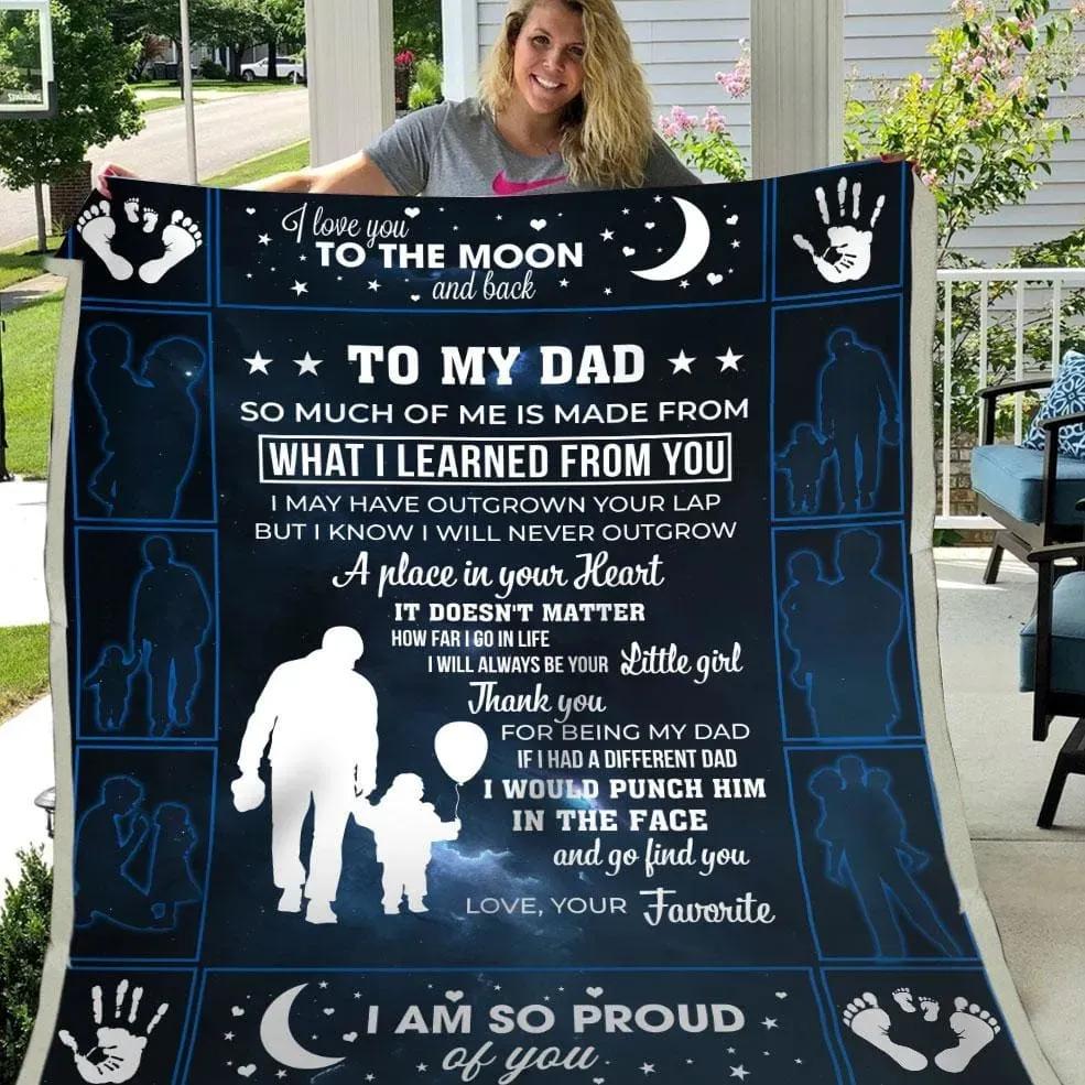 To Dad From Daughter I Love You To Mon And Back Fleece Quilt Blanket - TopBestClothing