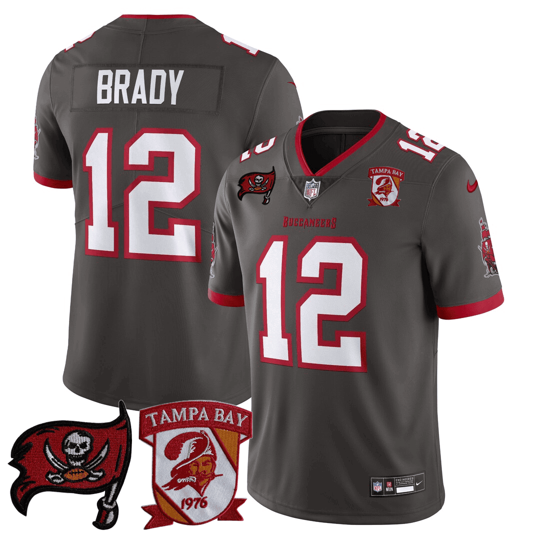 Tom Brady MenÃ¢â‚¬â„¢s Tampa Bay Buccaneers Logo Patch Pewter Jersey - All Stitched
