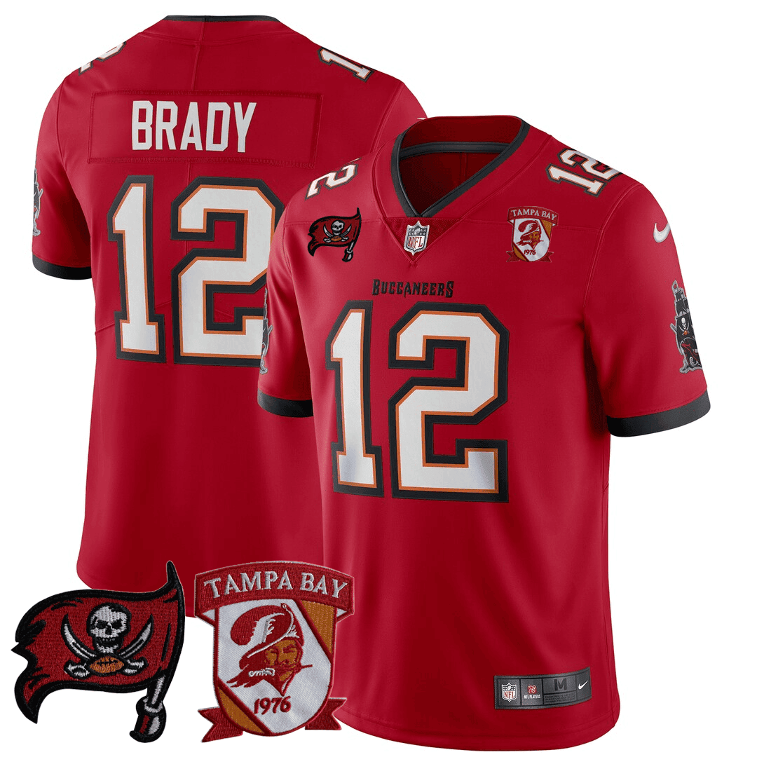 Tom Brady MenÃ¢â‚¬â„¢s Tampa Bay Buccaneers Logo Patch Red Jersey - All Stitched