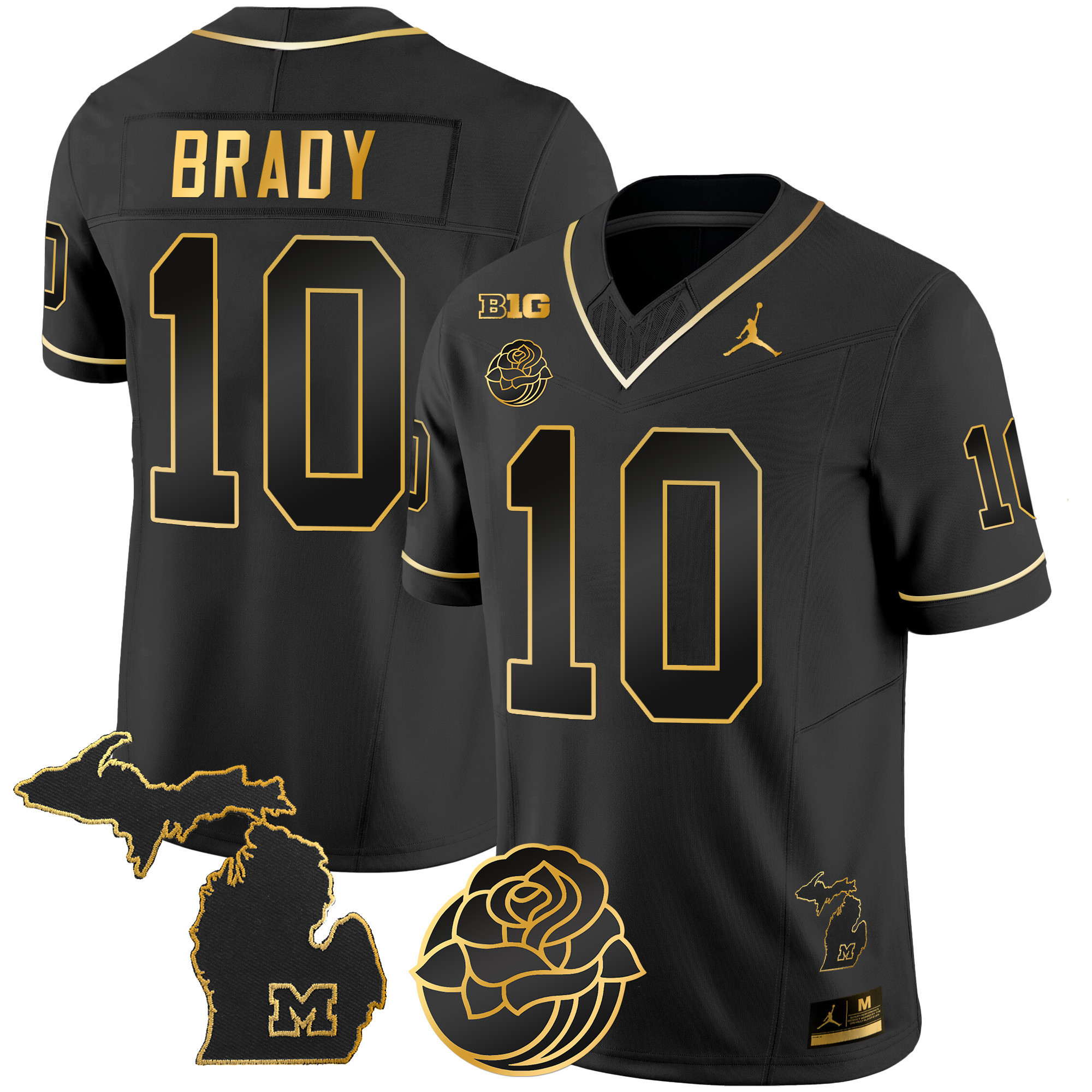 Tom Brady Men's Michigan Wolverines Rose Bowl Patch Gold Vapor Black Gold Jersey - All Stitched