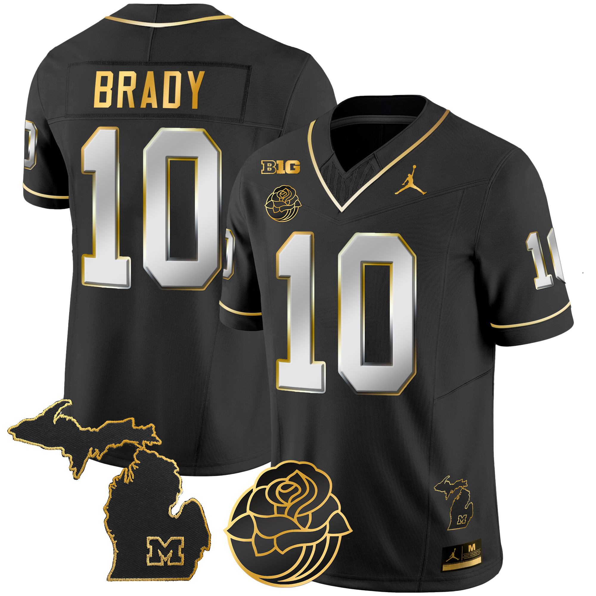 Tom Brady Men's Michigan Wolverines Rose Bowl Patch Gold Vapor Black Limited Jersey - All Stitched