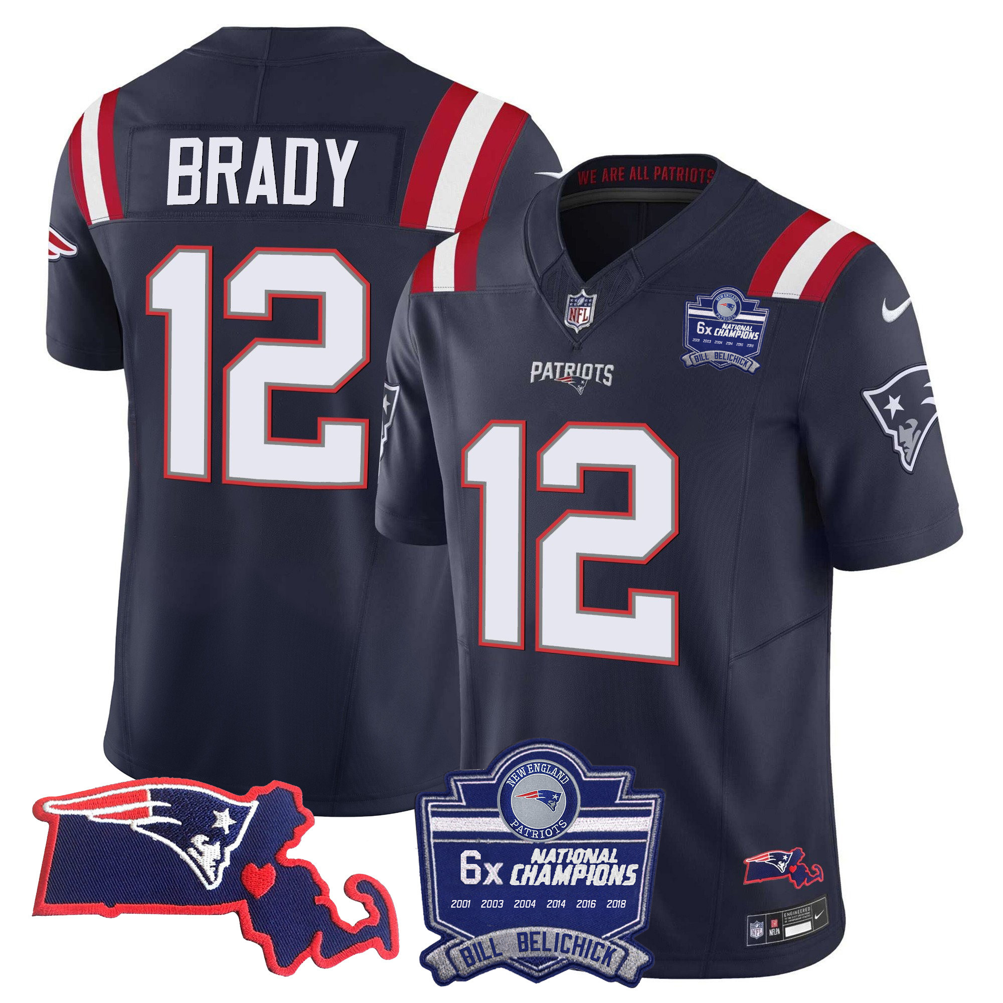 Tom Brady Men's New England Patriots Bill Belichick 6x Champions Patch Vapor Navy Jersey - All Stitched