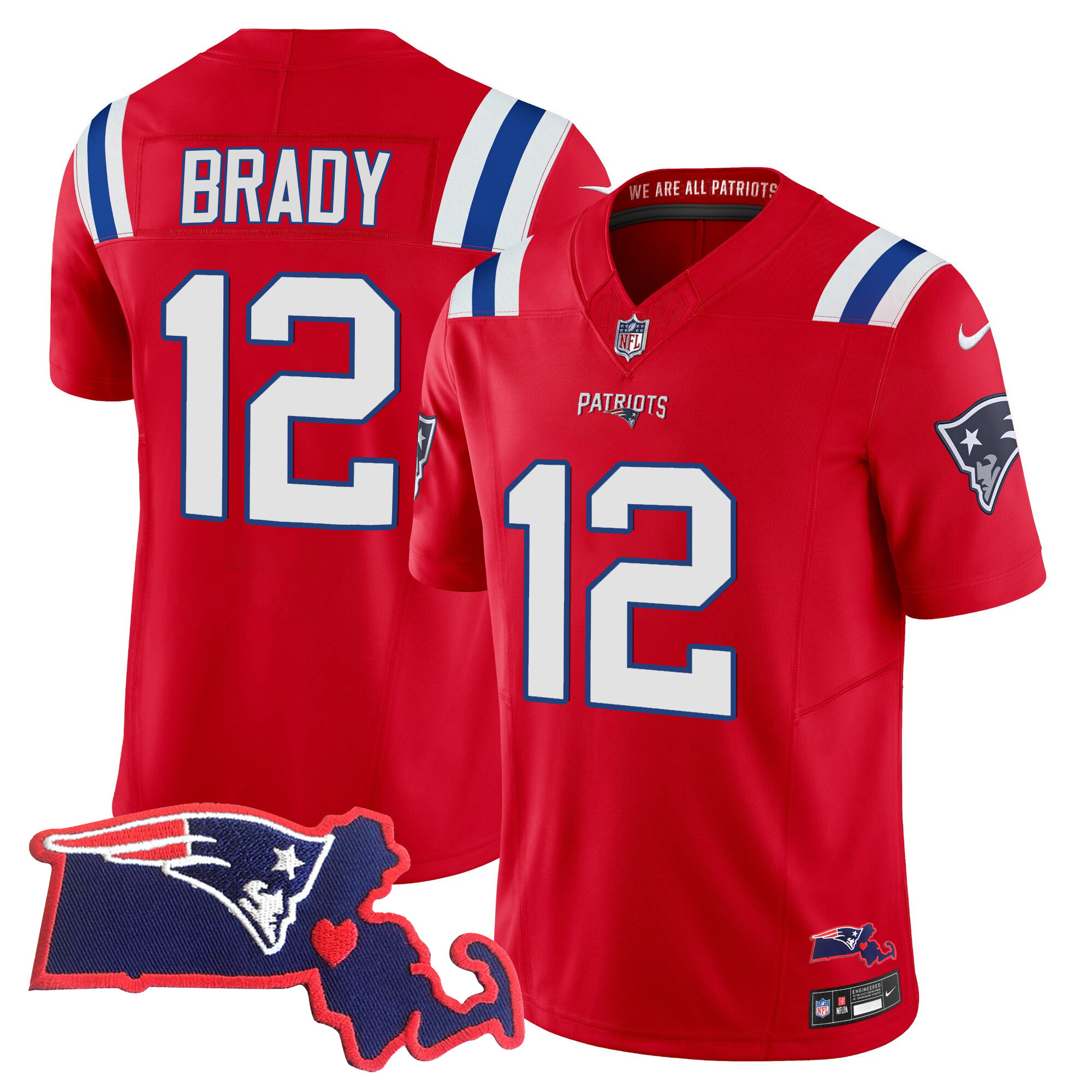 Tom Brady Men's New England Patriots Massachusetts Patch Vapor Red Jersey - All Stitched