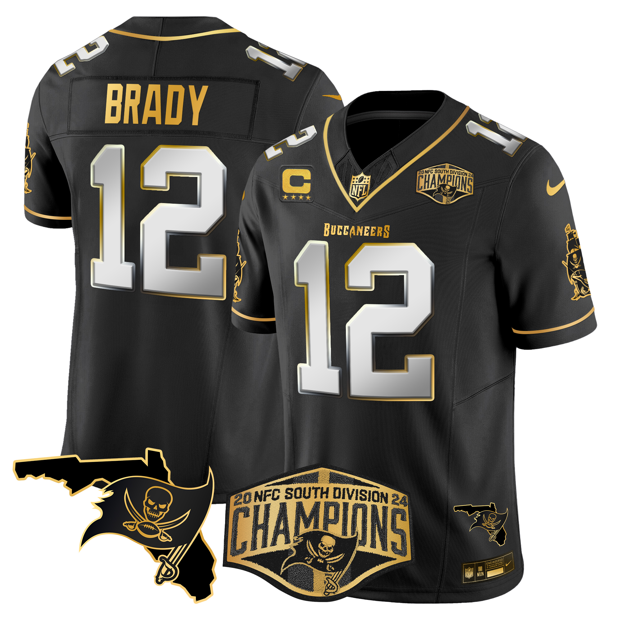 Tom Brady Men's Tampa Bay Buccaneers 2024 NFC South Division Champions Patch Gold Vapor Limited Black Limited Jersey - All Stitched