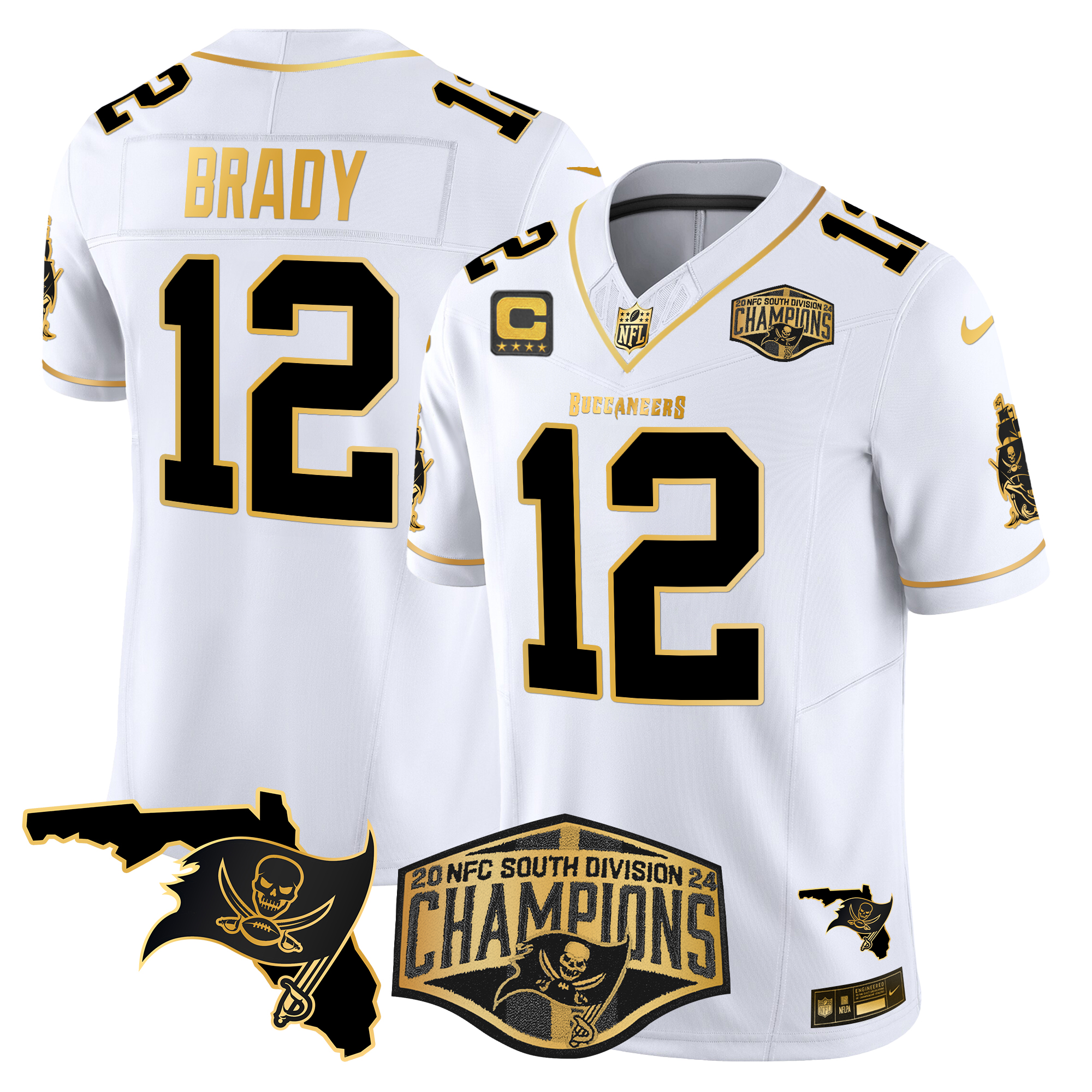 Tom Brady Men's Tampa Bay Buccaneers 2024 NFC South Division Champions Patch Gold Vapor Limited White Gold Jersey - All Stitched