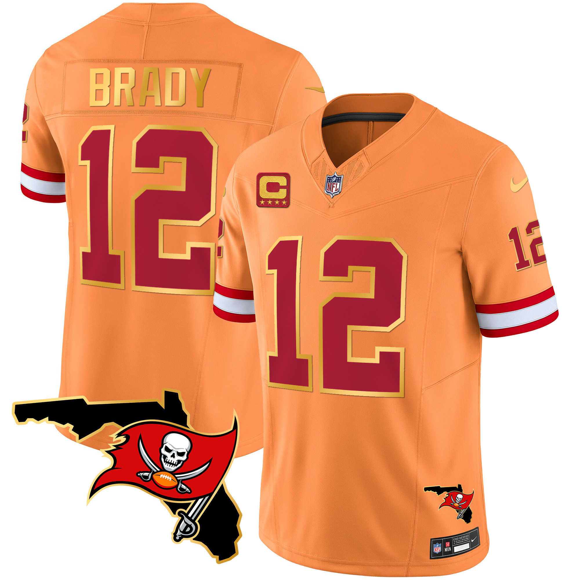 Tom Brady Men's Tampa Bay Buccaneers Florida Patch Gold Trim Vapor Orange Jersey - All Stitched