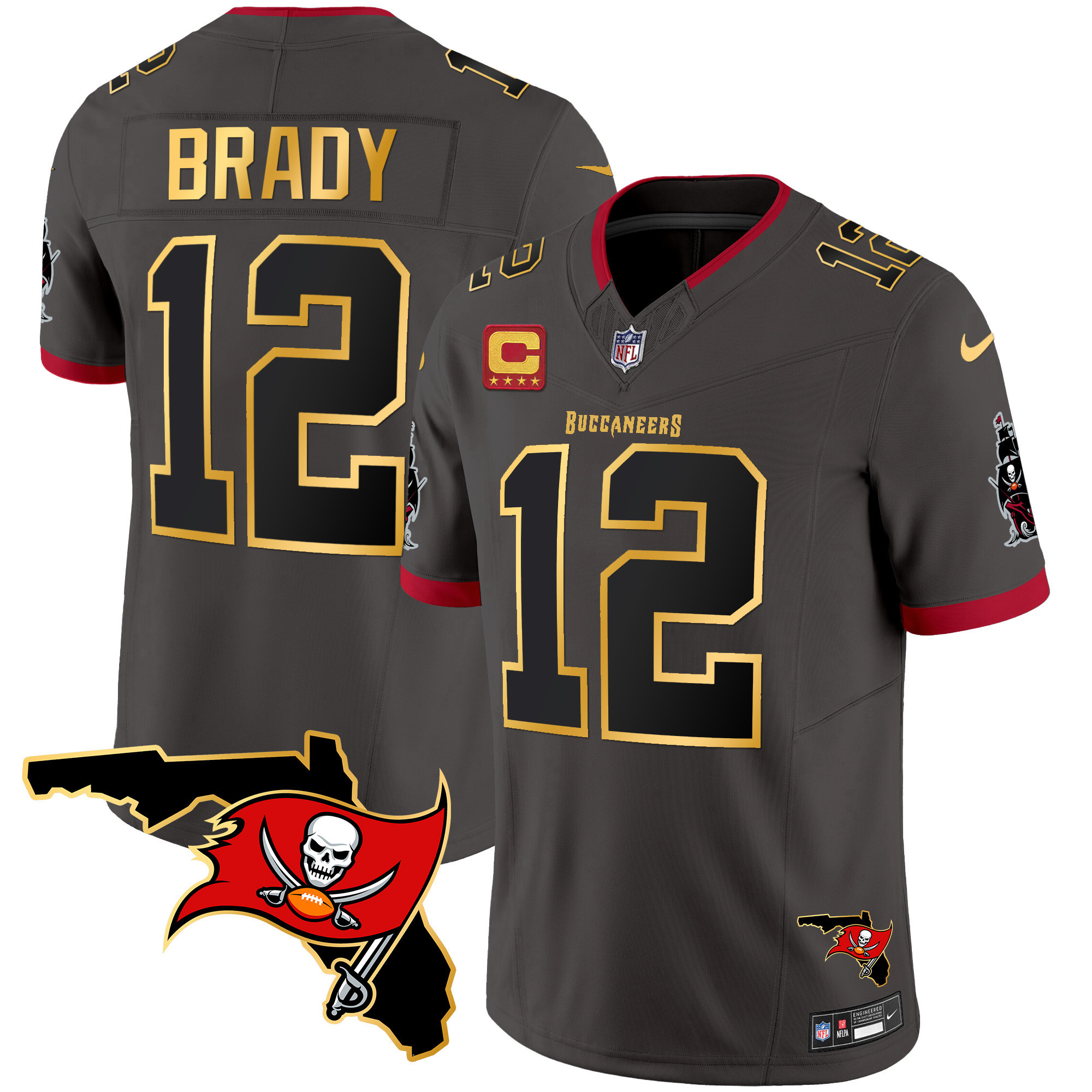 Tom Brady Men's Tampa Bay Buccaneers Florida Patch Gold Trim Vapor Pewter Jersey - All Stitched