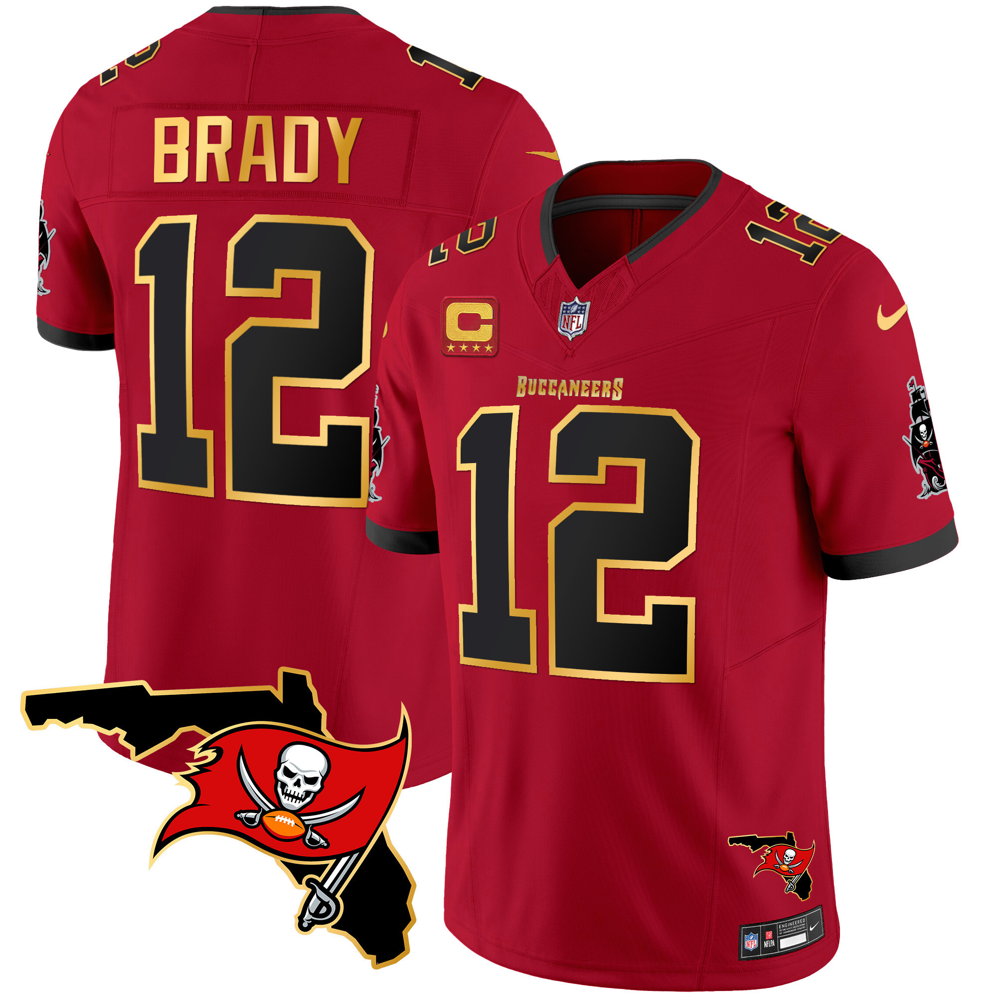 Tom Brady Men's Tampa Bay Buccaneers Florida Patch Gold Trim Vapor Red Jersey - All Stitched