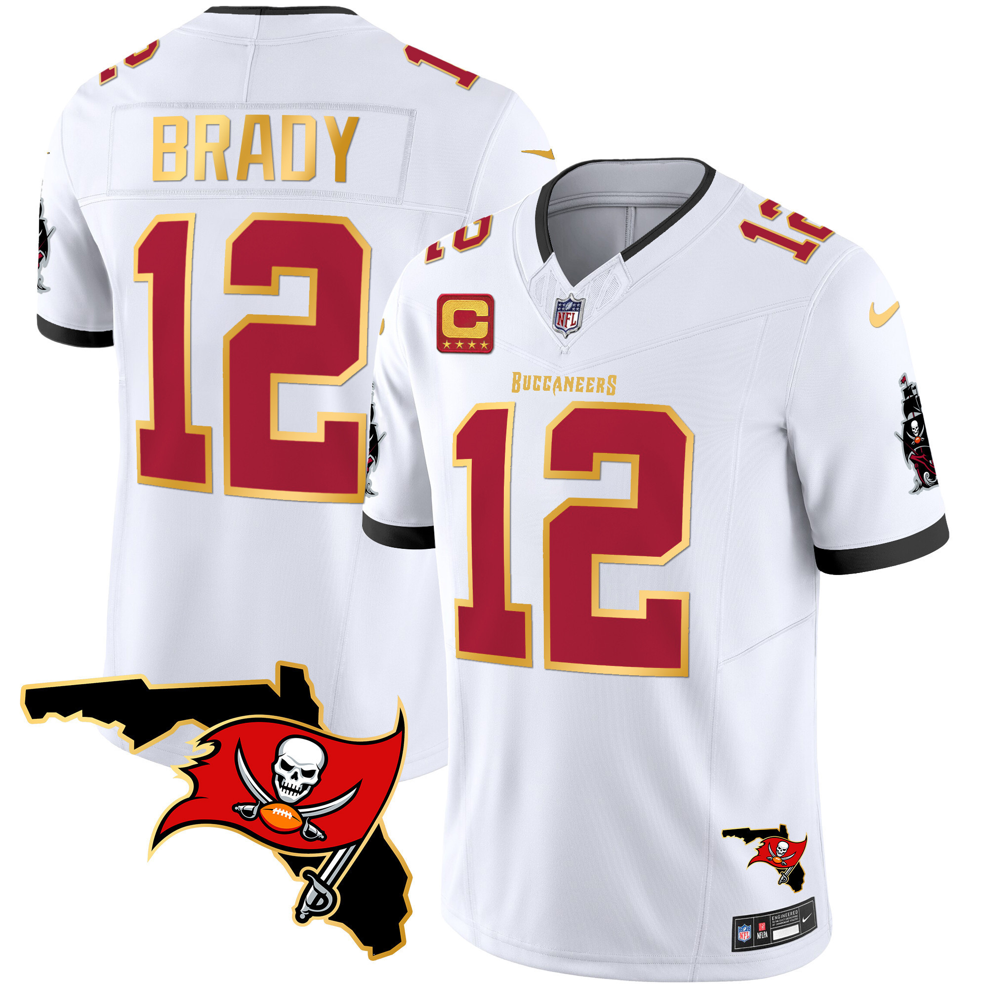 Tom Brady Men's Tampa Bay Buccaneers Florida Patch Gold Trim Vapor White Jersey - All Stitched