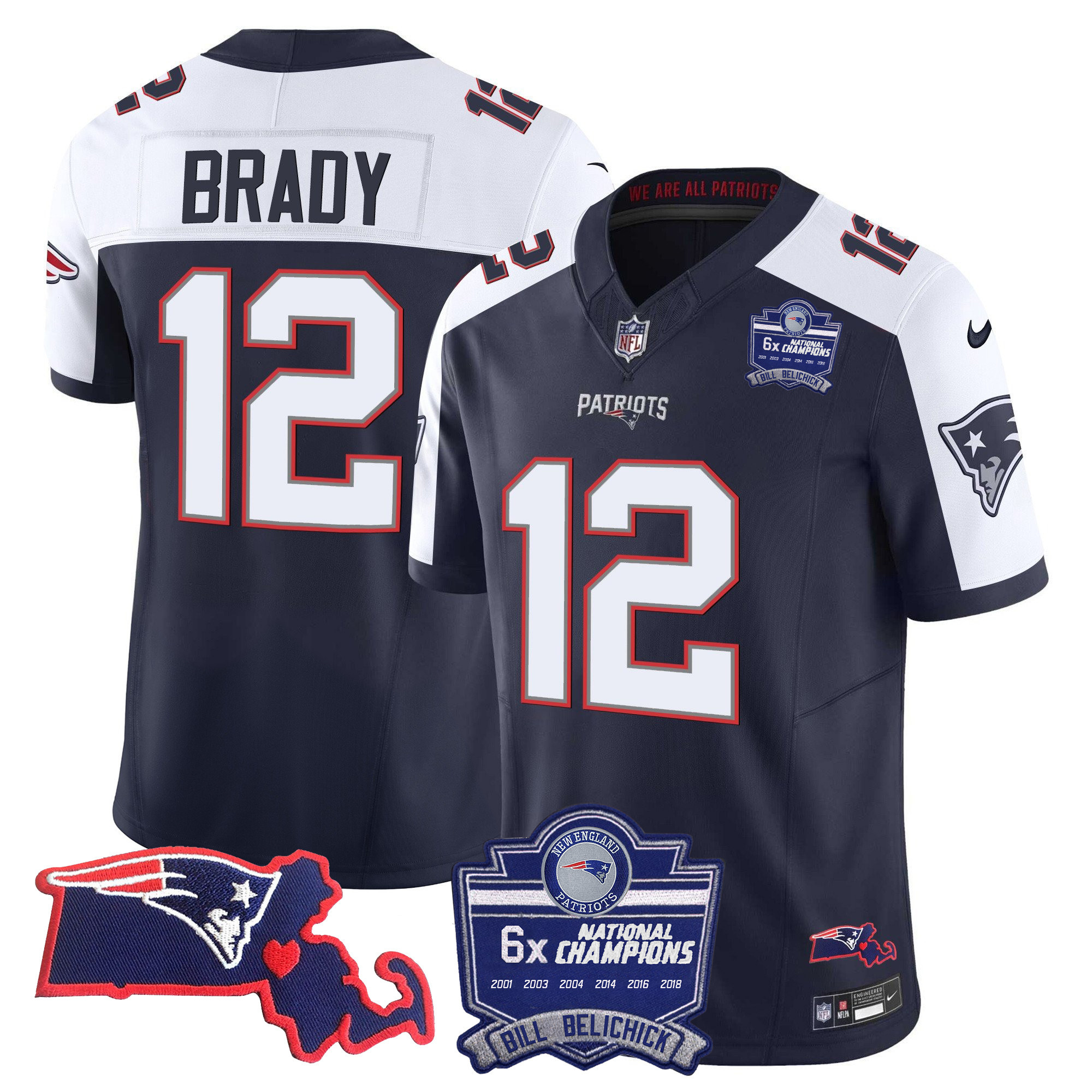 Tom Brady Women's New England Patriots Bill Belichick 6x Champions Patch Vapor Alternate Jersey - All Stitched