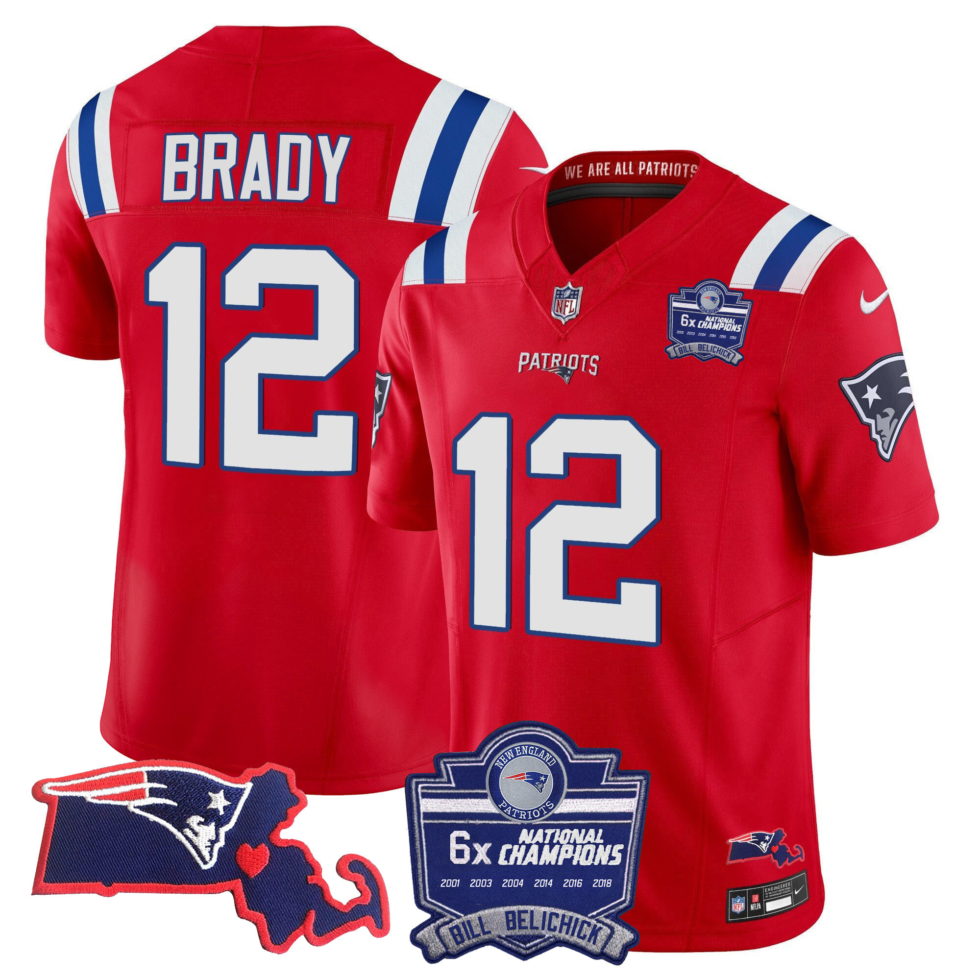 Tom Brady Women's New England Patriots Bill Belichick 6x Champions Patch Vapor Red Jersey - All Stitched