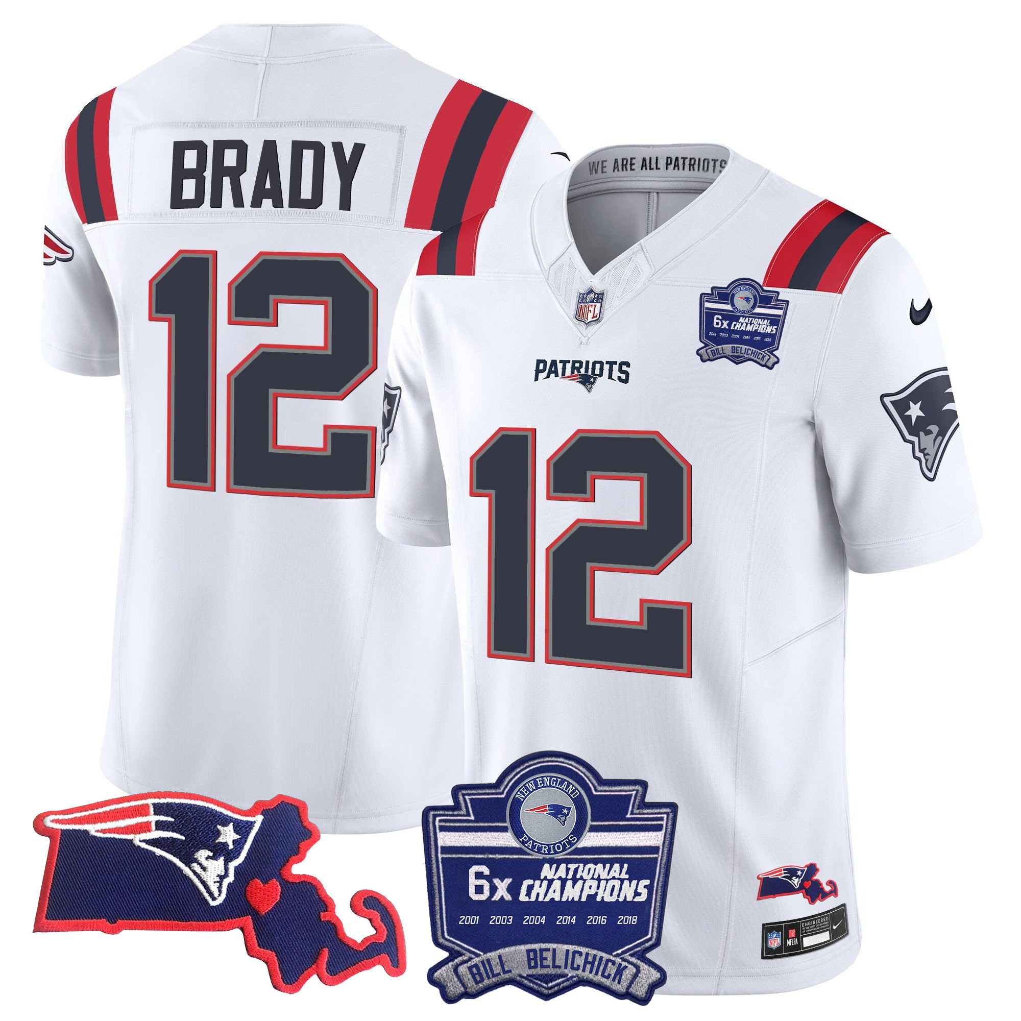 Tom Brady Women's New England Patriots Bill Belichick 6x Champions Patch Vapor White Jersey - All Stitched