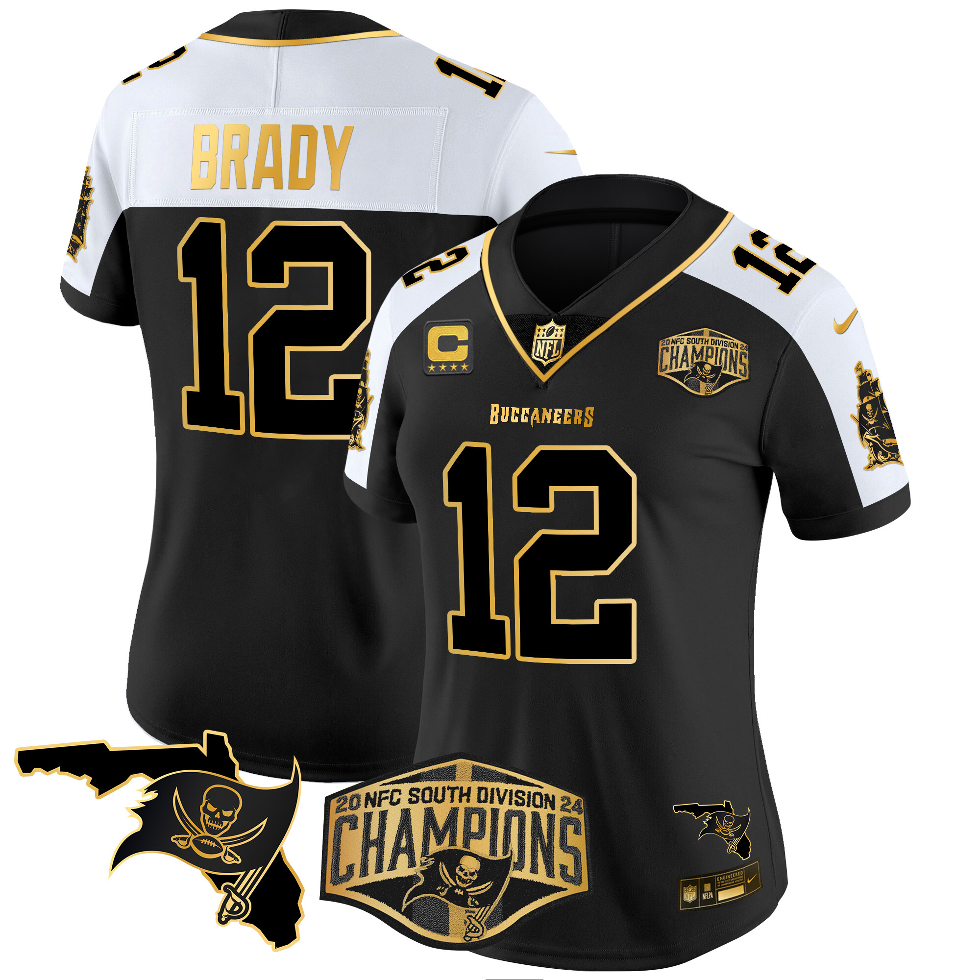 Tom Brady Women's Tampa Bay Buccaneers 2024 NFC South Division Champions Patch Gold Vapor Limited Alternate Jersey - All Stitched