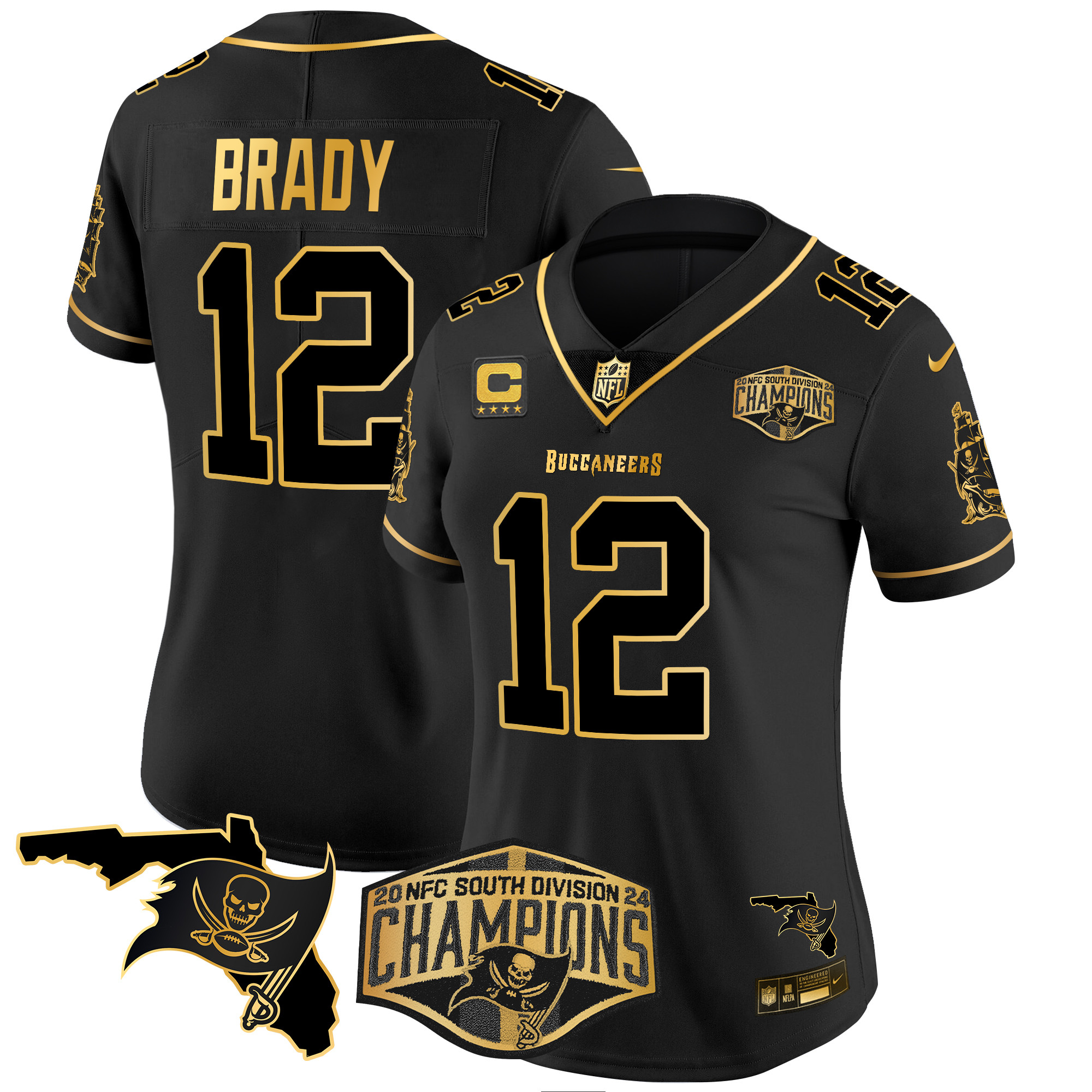 Tom Brady Women's Tampa Bay Buccaneers 2024 NFC South Division Champions Patch Gold Vapor Limited Black Gold Jersey - All Stitched