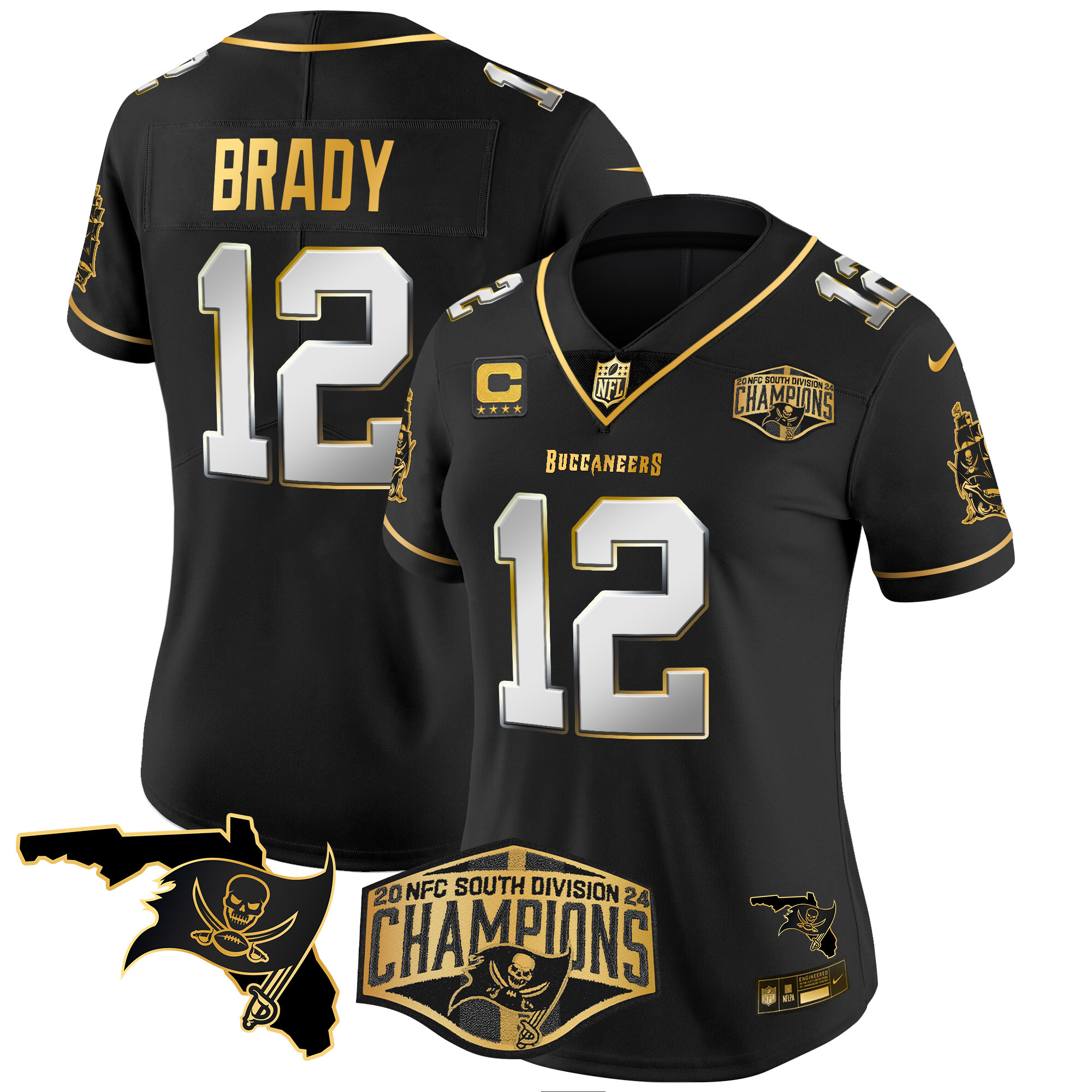 Tom Brady Women's Tampa Bay Buccaneers 2024 NFC South Division Champions Patch Gold Vapor Limited Black Limited Jersey - All Stitched