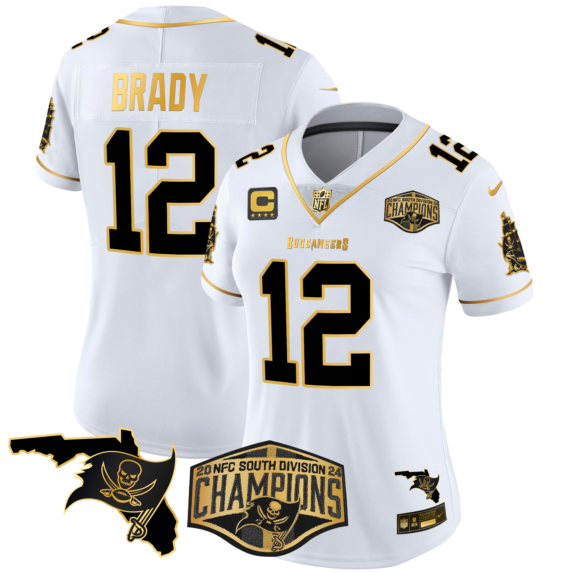 Tom Brady Women's Tampa Bay Buccaneers 2024 NFC South Division Champions Patch Gold Vapor Limited White Gold Jersey - All Stitched