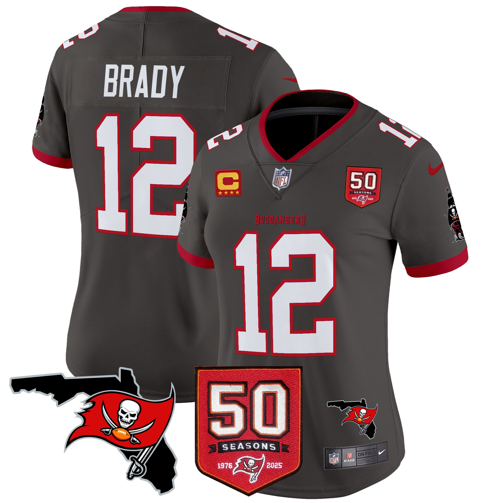 Tom Brady Women's Tampa Bay Buccaneers 50th Season Patch Vapor Limited Pewter Jersey - All Stitched