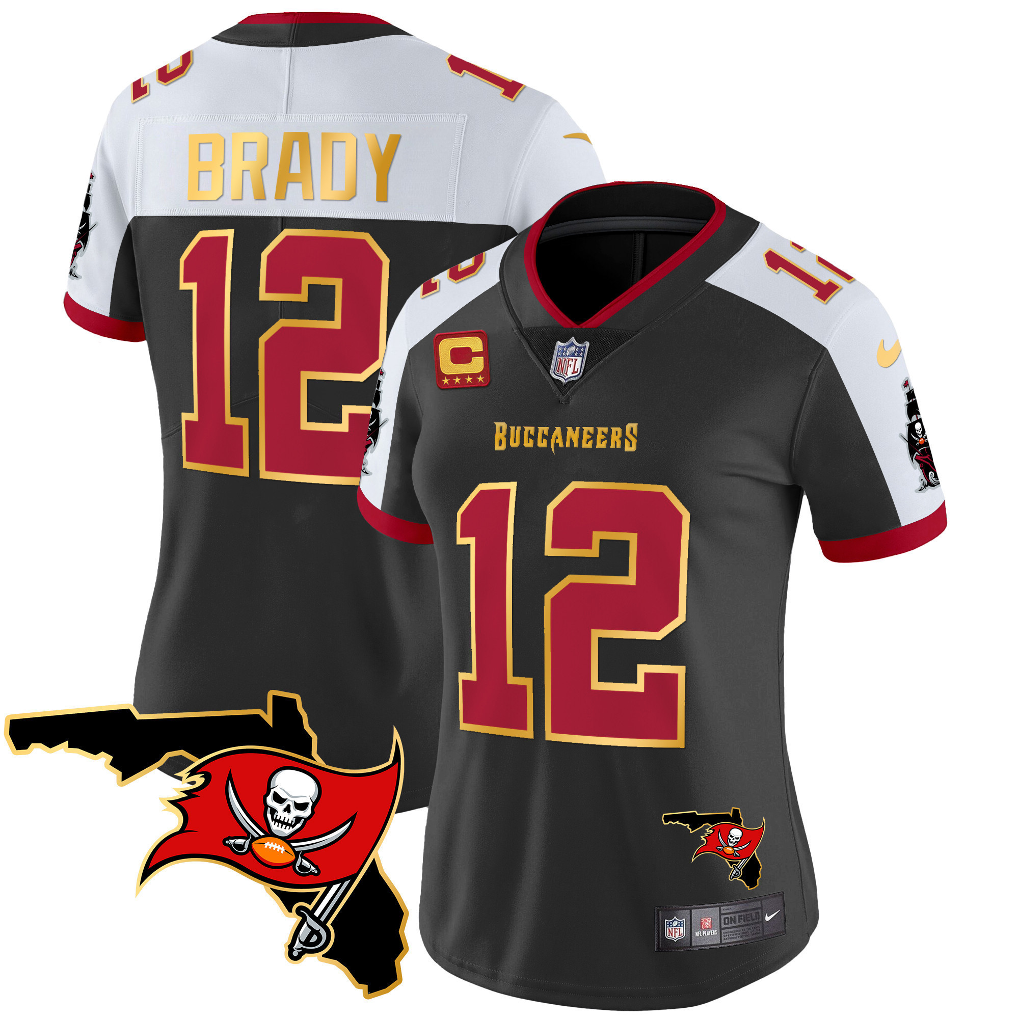 Tom Brady Women's Tampa Bay Buccaneers Florida Patch Gold Trim Vapor Black Alternate Jersey - All Stitched
