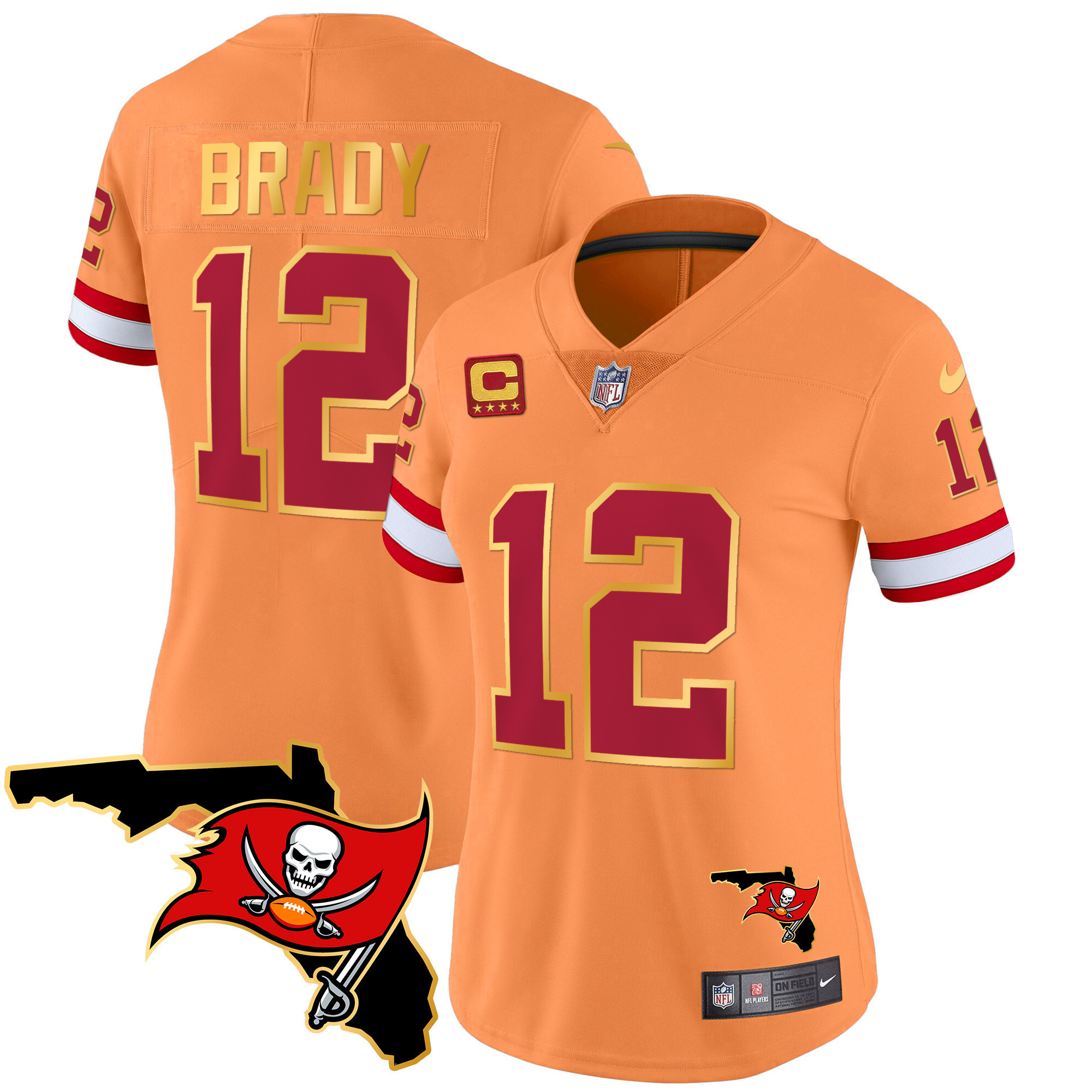 Tom Brady Women's Tampa Bay Buccaneers Florida Patch Gold Trim Vapor Orange Jersey - All Stitched