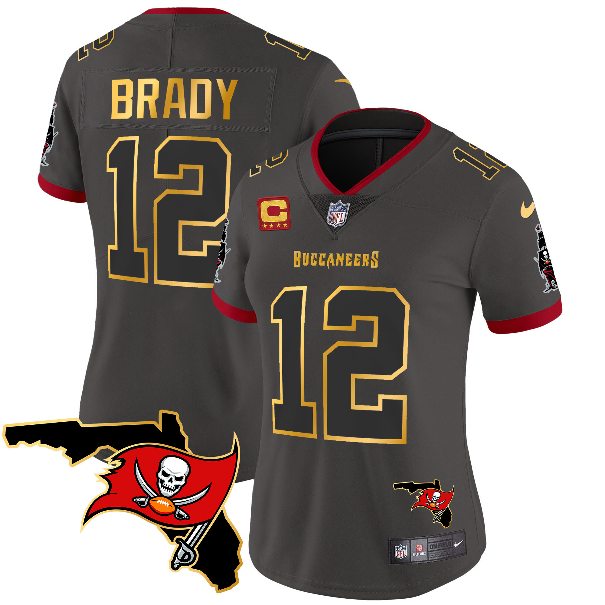 Tom Brady Women's Tampa Bay Buccaneers Florida Patch Gold Trim Vapor Pewter Jersey - All Stitched