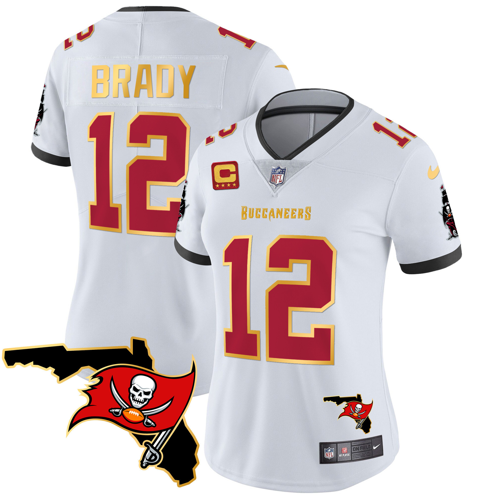 Tom Brady Women's Tampa Bay Buccaneers Florida Patch Gold Trim Vapor White Jersey - All Stitched