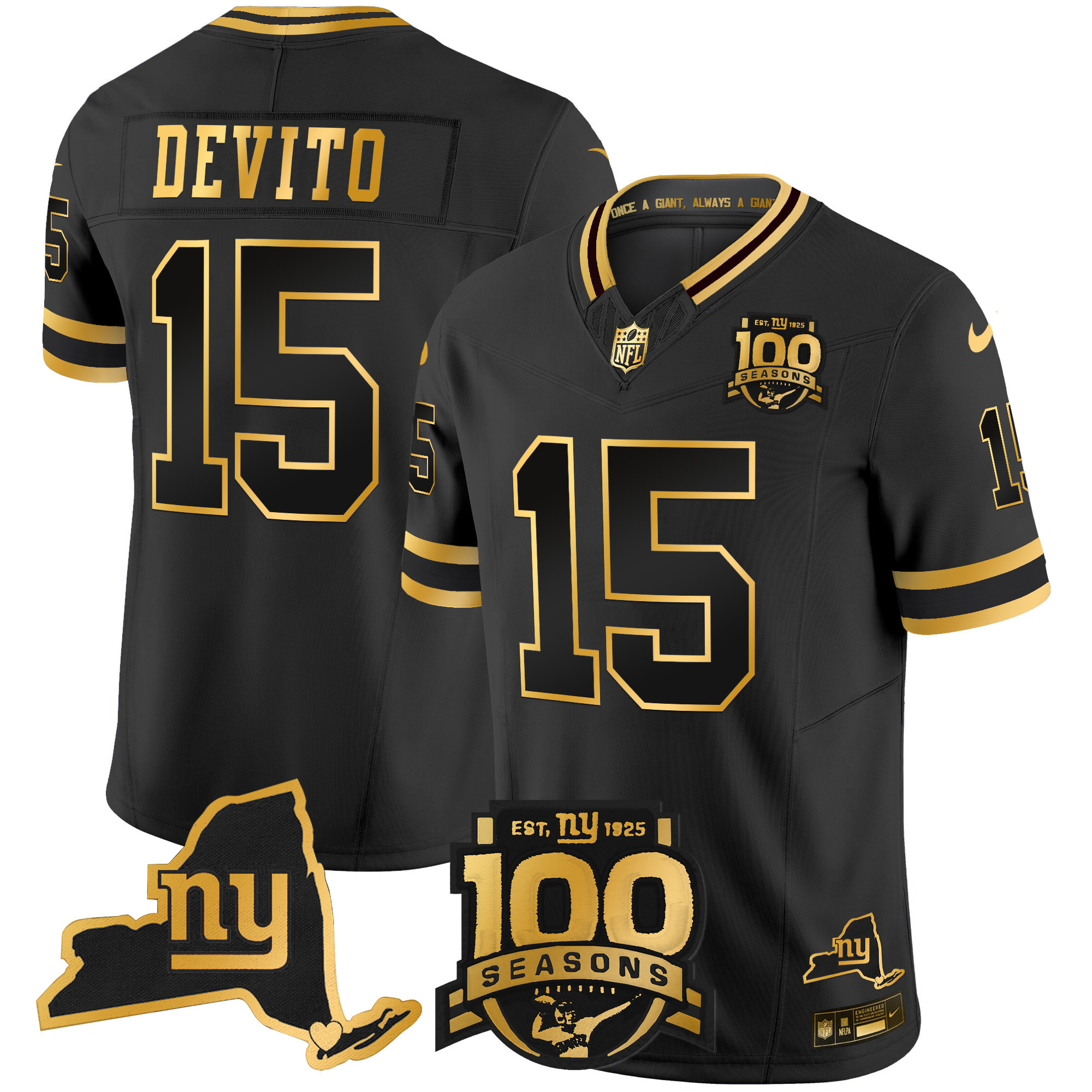 Tommy DeVito Men's New York Giants 100th Season & State Patch Gold Vapor Limited Black Gold Jersey - All Stitched