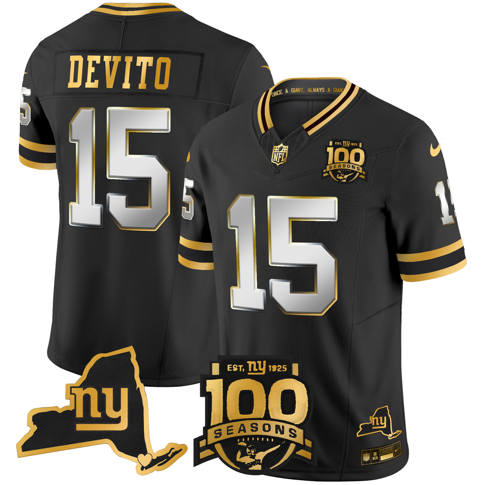 Tommy DeVito Men's New York Giants 100th Season & State Patch Gold Vapor Limited Black Limited Jersey - All Stitched