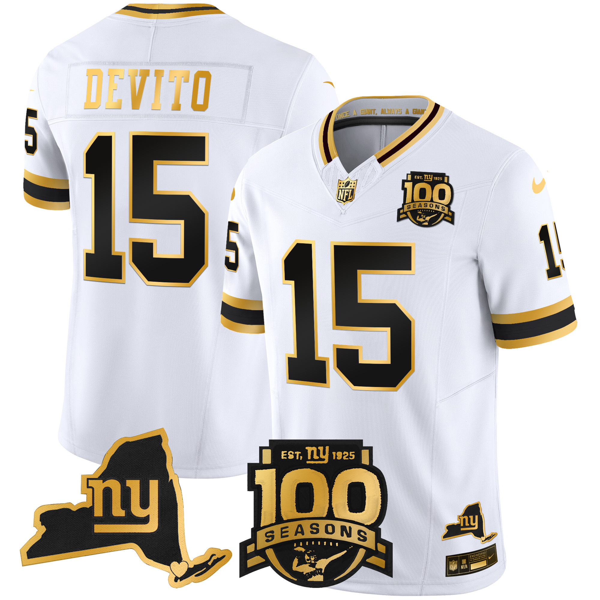 Tommy DeVito Men's New York Giants 100th Season & State Patch Gold Vapor Limited White Gold Jersey - All Stitched