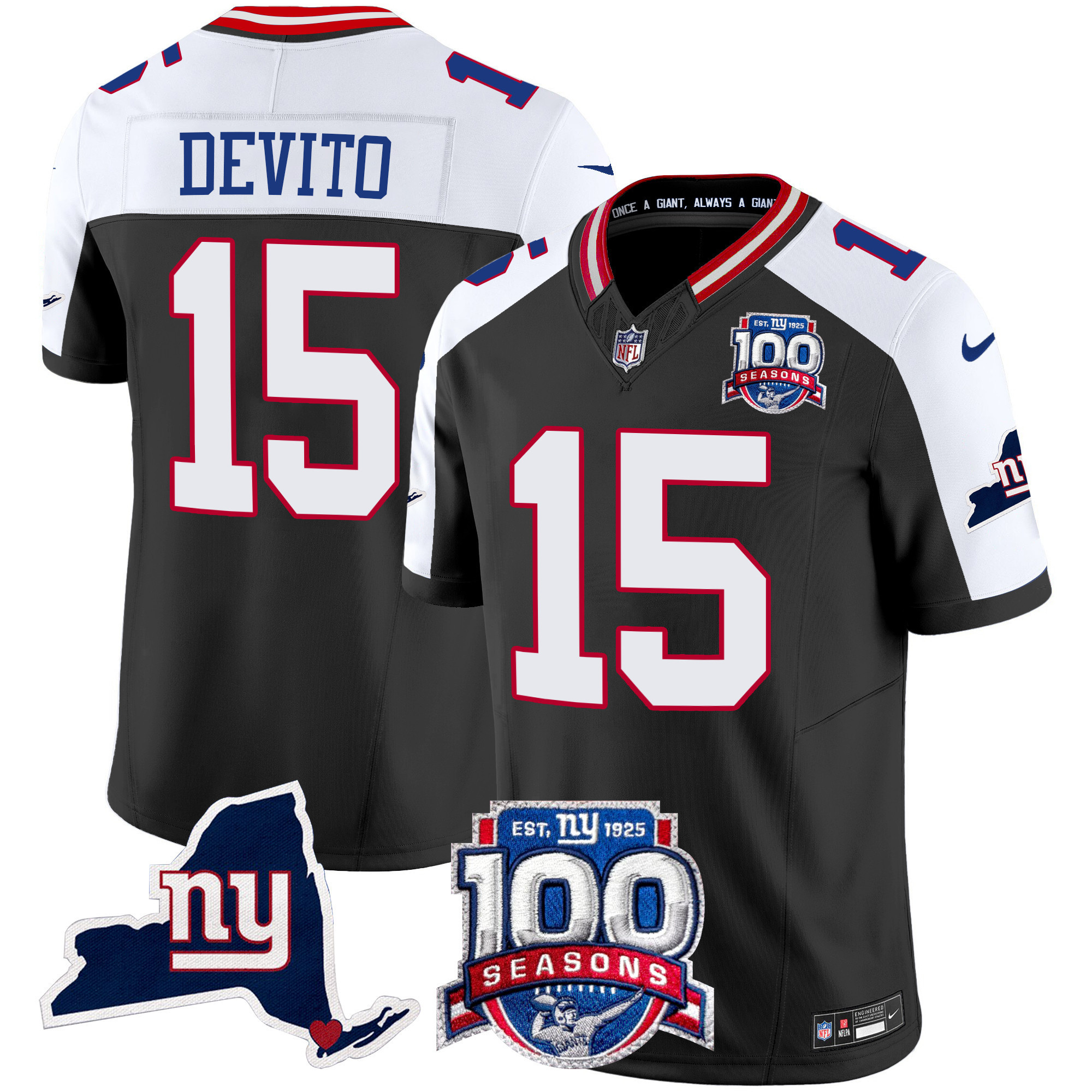 Tommy DeVito Men's New York Giants 100th Season & State Patch Vapor Limited Black Alternate Jersey - All Stitched