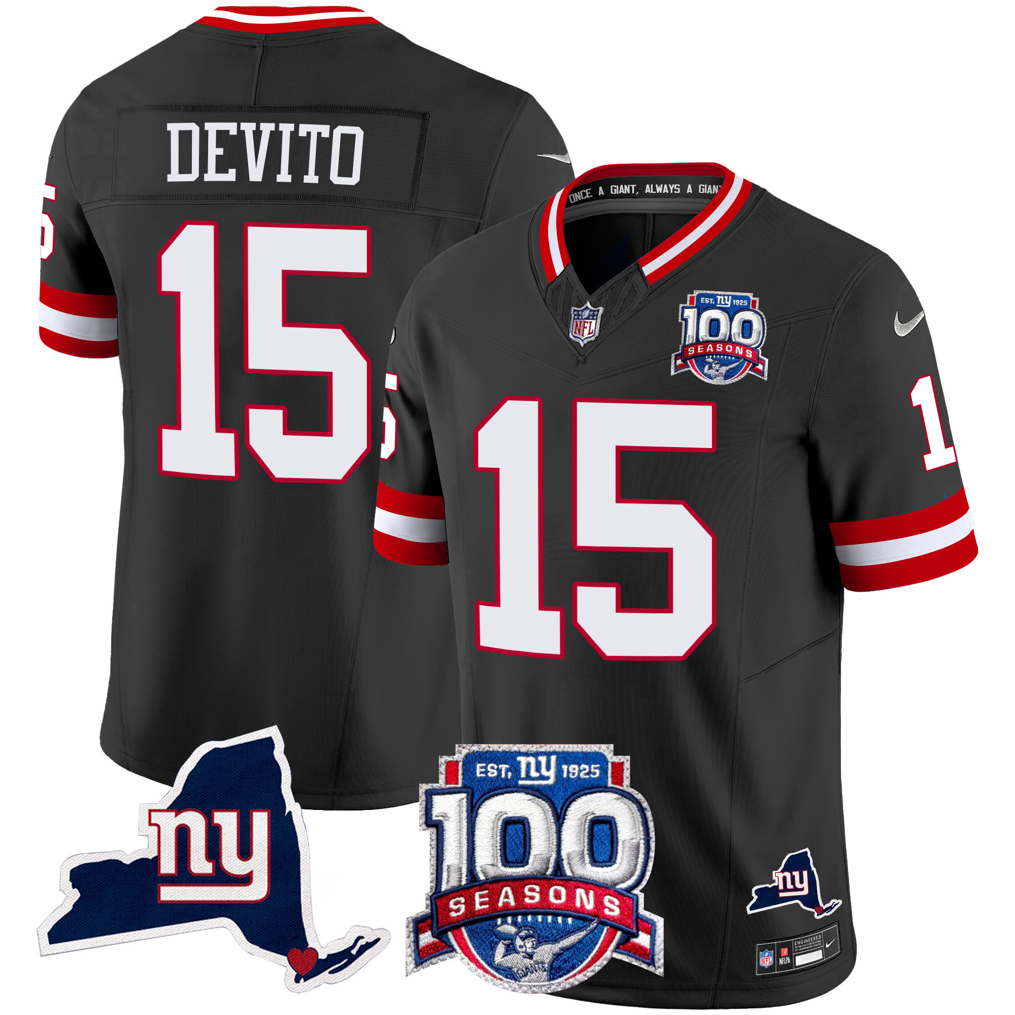 Tommy DeVito Men's New York Giants 100th Season & State Patch Vapor Limited Black Jersey - All Stitched