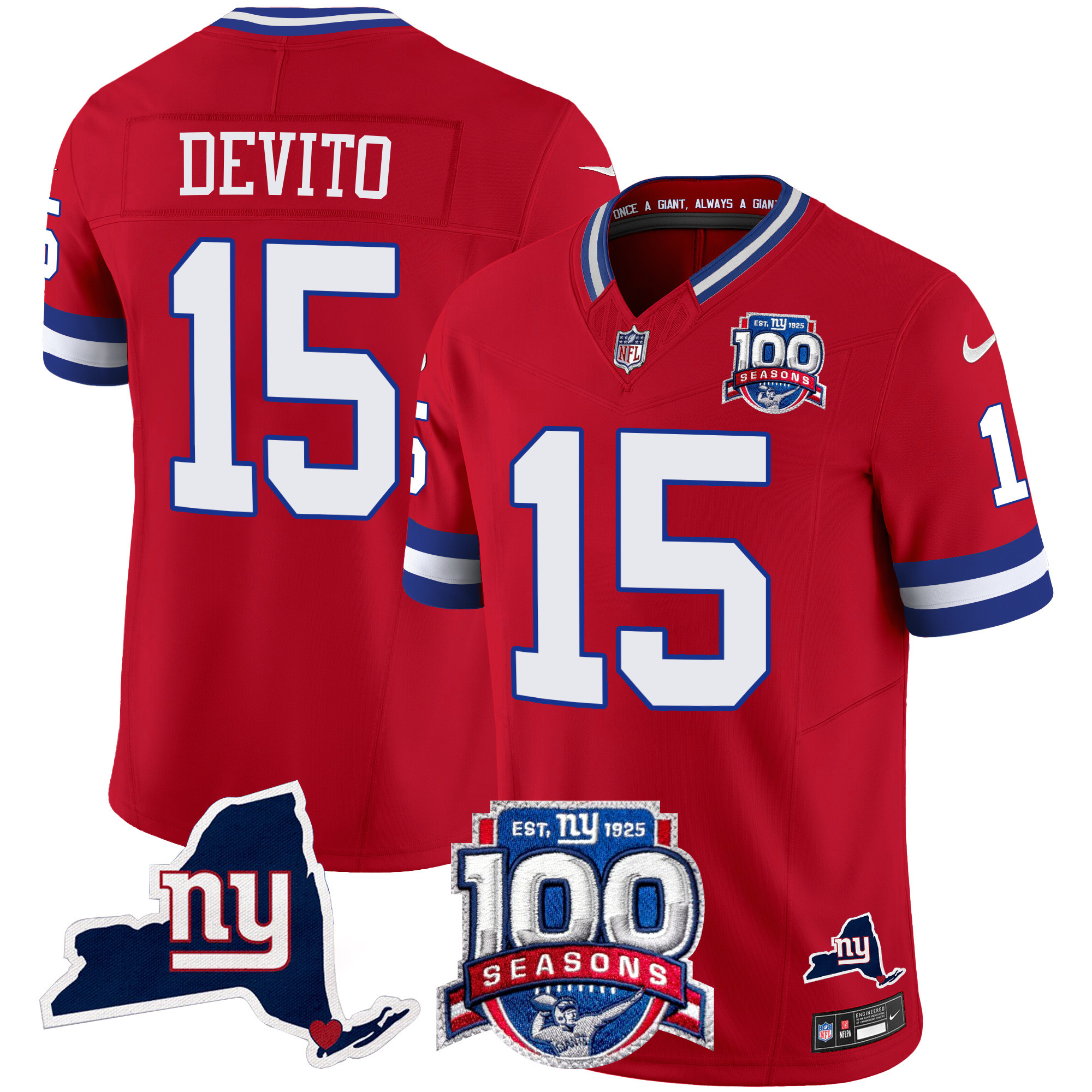 Tommy DeVito Men's New York Giants 100th Season & State Patch Vapor Limited Red Jersey - All Stitched