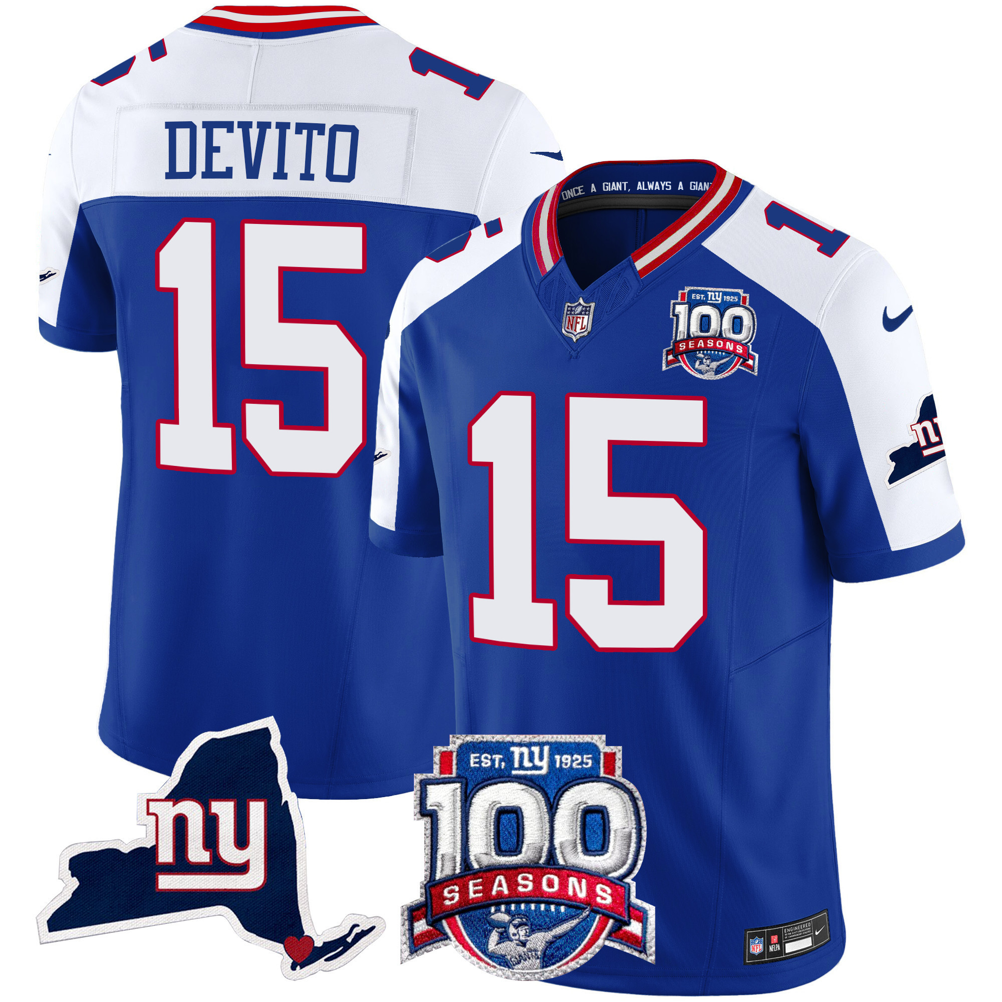 Tommy DeVito Men's New York Giants 100th Season & State Patch Vapor Limited Royal Alternate Jersey - All Stitched