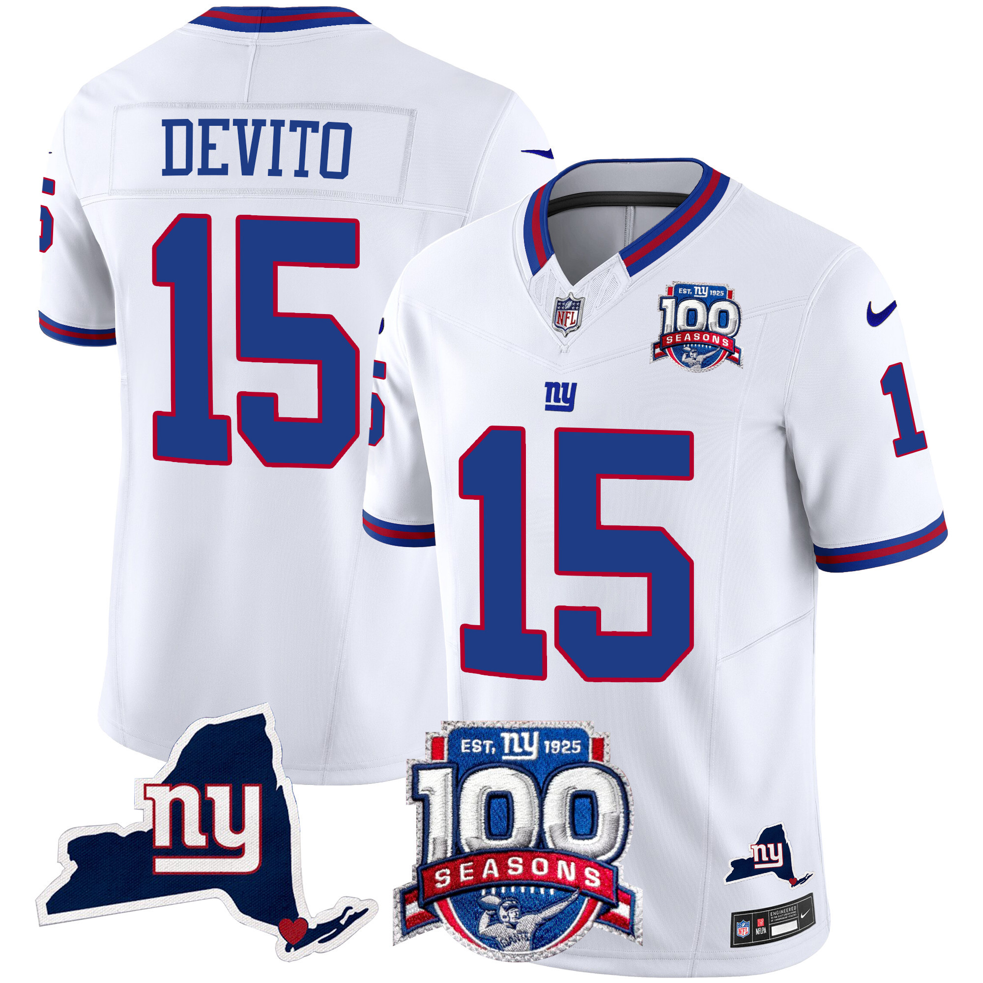 Tommy DeVito Men's New York Giants 100th Season & State Patch Vapor Limited White Jersey - All Stitched