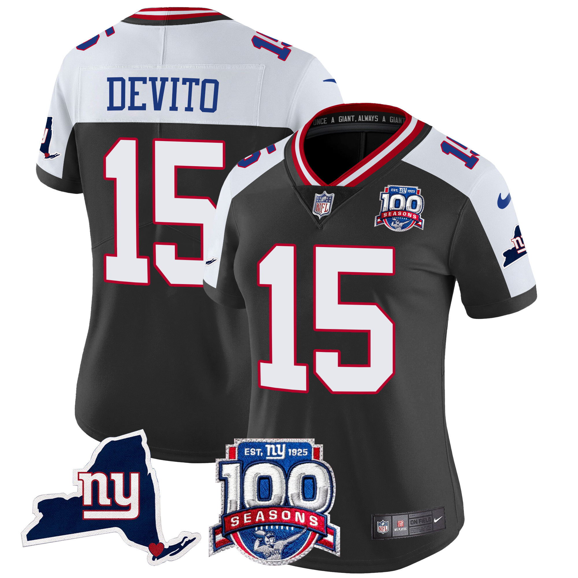 Tommy DeVito Women's New York Giants 100th Season & State Patch Vapor Limited Black Alternate Jersey - All Stitched