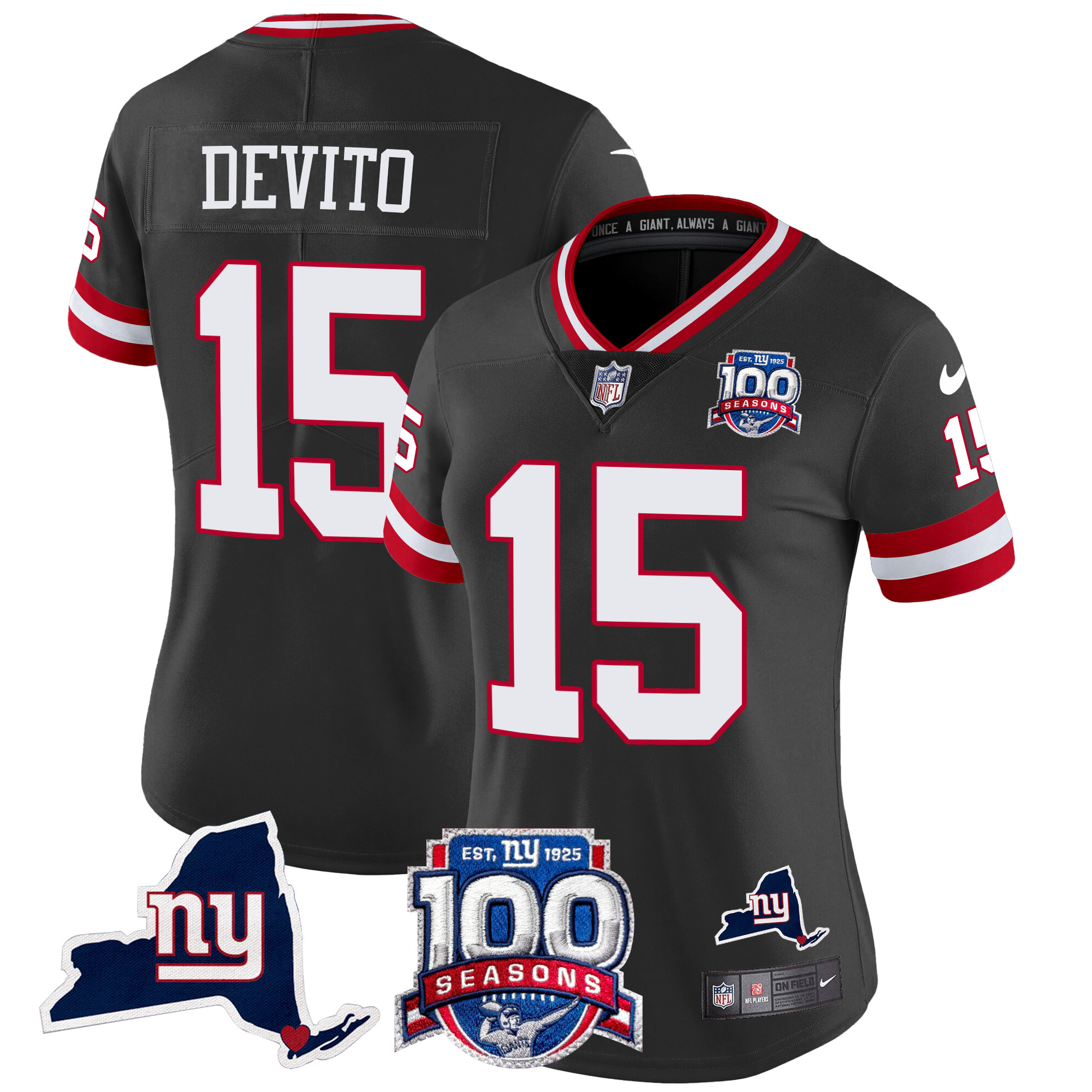 Tommy DeVito Women's New York Giants 100th Season & State Patch Vapor Limited Black Jersey - All Stitched