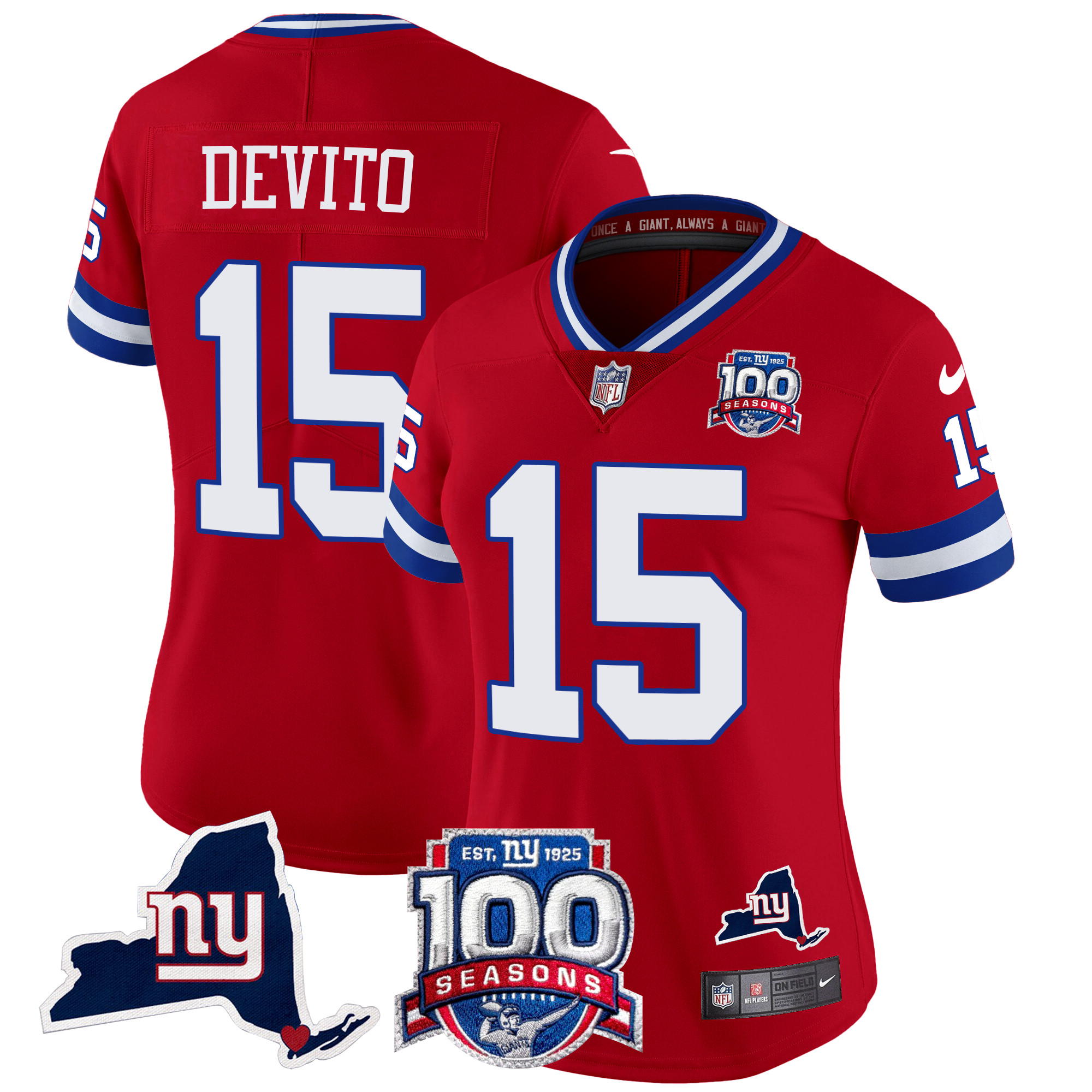 Tommy DeVito Women's New York Giants 100th Season & State Patch Vapor Limited Red Jersey - All Stitched