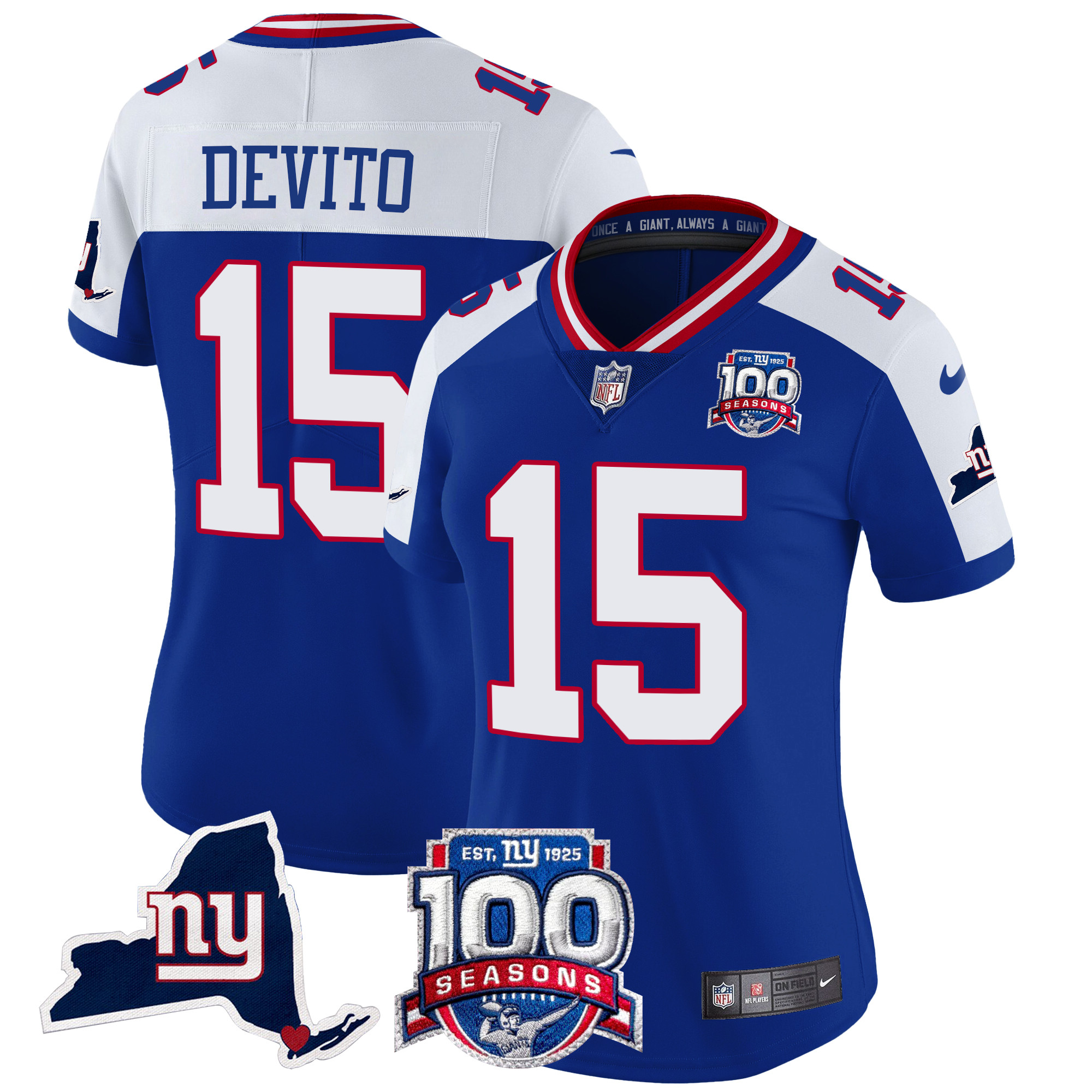 Tommy DeVito Women's New York Giants 100th Season & State Patch Vapor Limited Royal Alternate Jersey - All Stitched