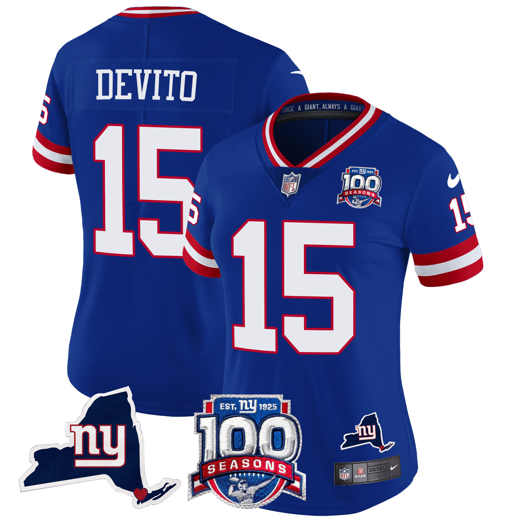 Tommy DeVito Women's New York Giants 100th Season & State Patch Vapor Limited Royal Jersey - All Stitched