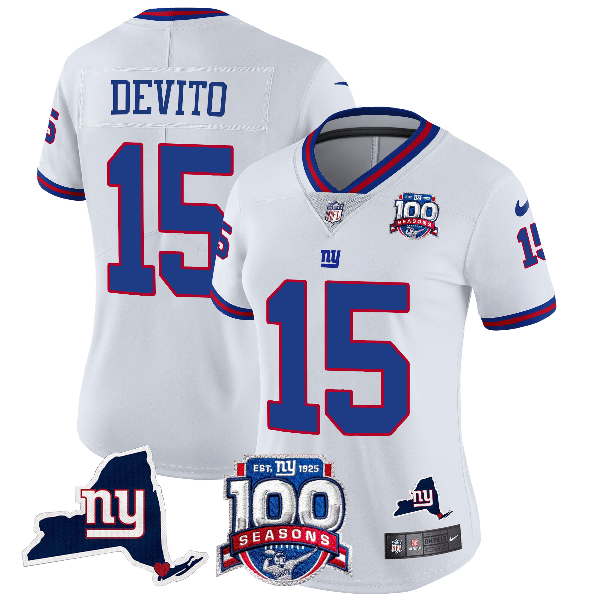 Tommy DeVito Women's New York Giants 100th Season & State Patch Vapor Limited White Jersey - All Stitched