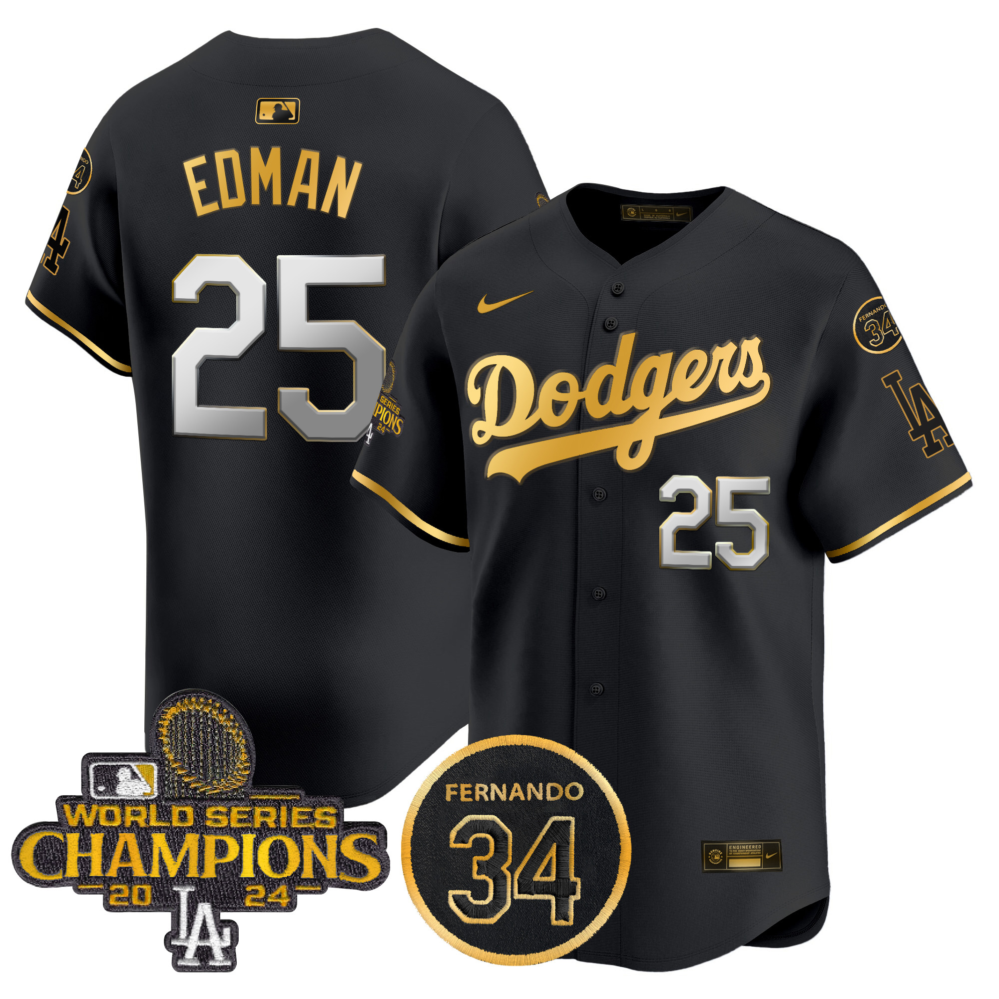 Tommy Edman Men's Los Angeles Dodgers 2024 World Series Champions Gold Trim Vapor Premier Limited Black Gold Jersey V2 - All Stitched