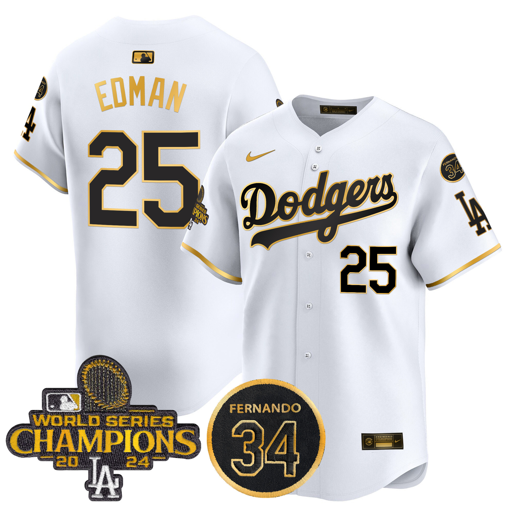 Tommy Edman Men's Los Angeles Dodgers 2024 World Series Champions Gold Trim Vapor Premier Limited White Gold Jersey V2 - All Stitched