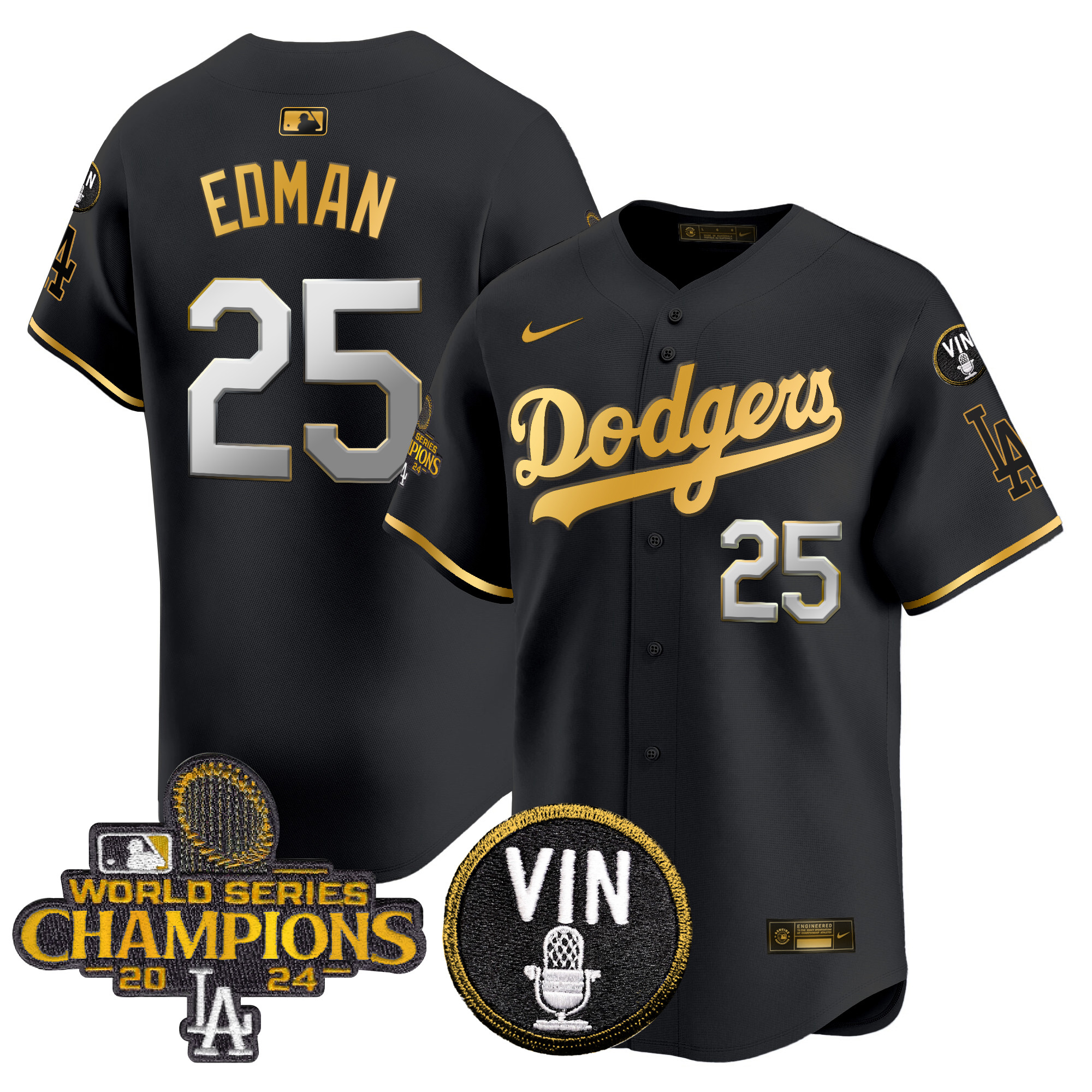 Tommy Edman Men's Los Angeles Dodgers 2024 World Series Champions Patch Vapor Premier Limited Black Gold Jersey V3 - All Stitched