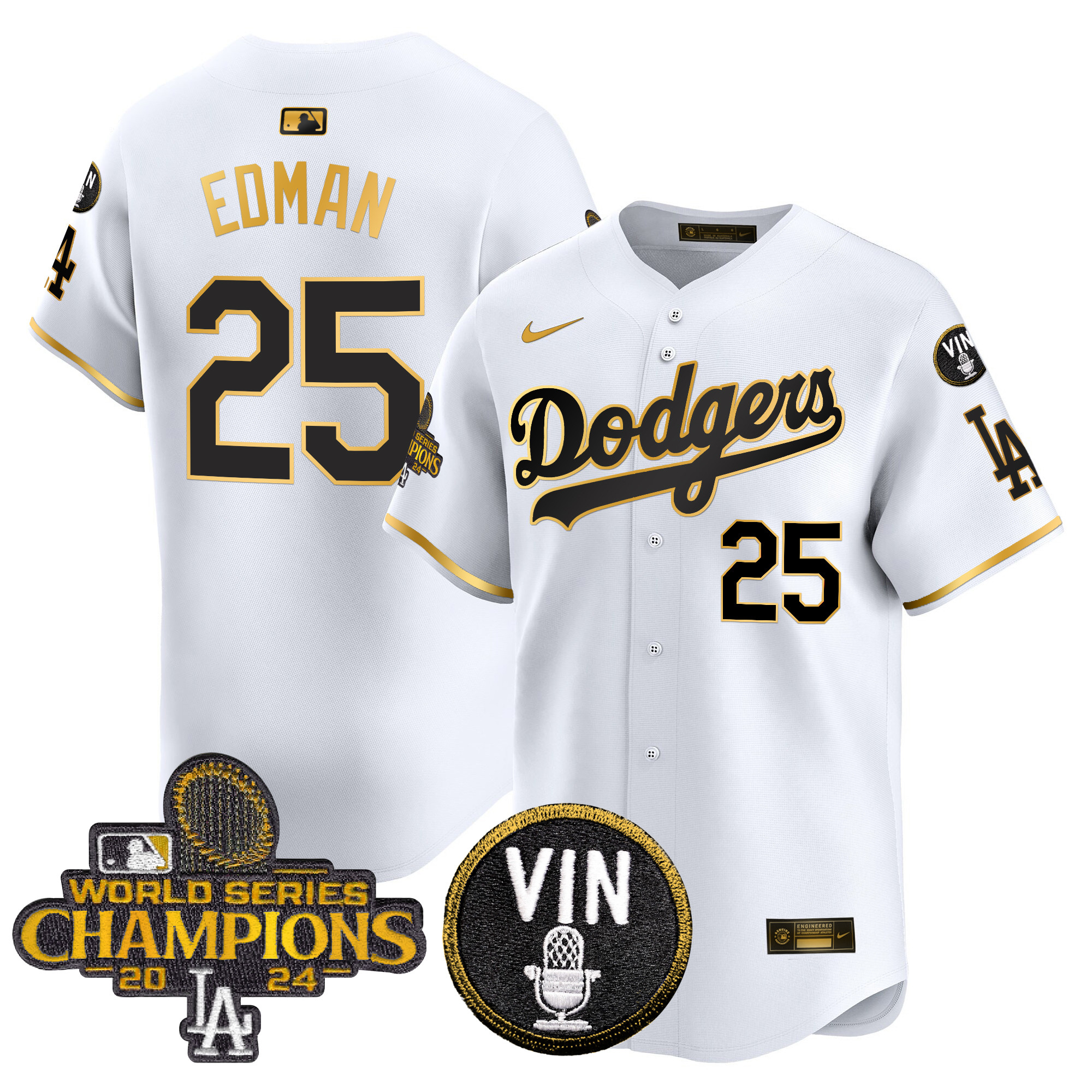 Tommy Edman Men's Los Angeles Dodgers 2024 World Series Champions Patch Vapor Premier Limited White Gold Jersey V3 - All Stitched