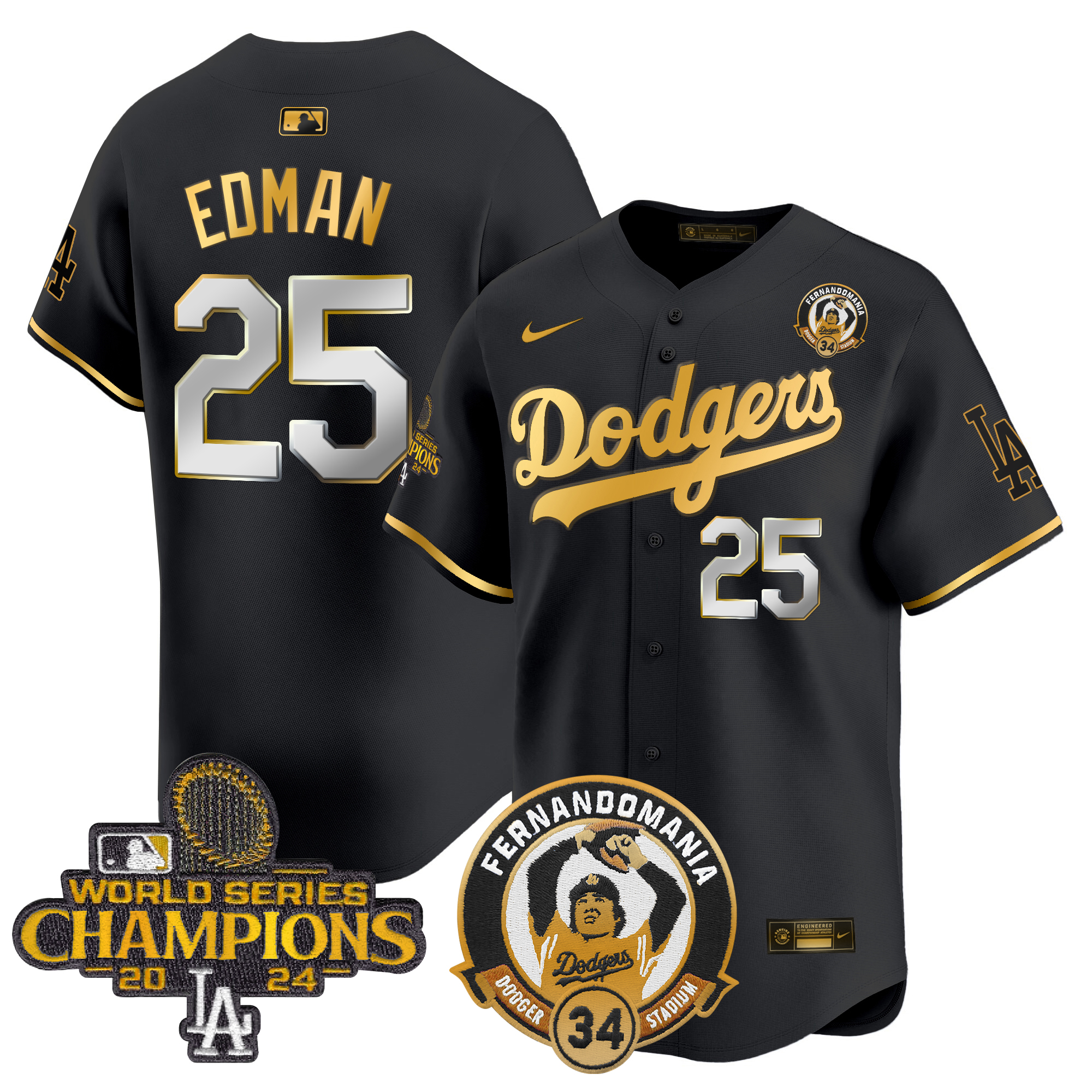 Tommy Edman Men's Los Angeles Dodgers Fernando & 2024 World Series Champions Patch Vapor Premier Limited Black Gold Jersey V2 - All Stitched
