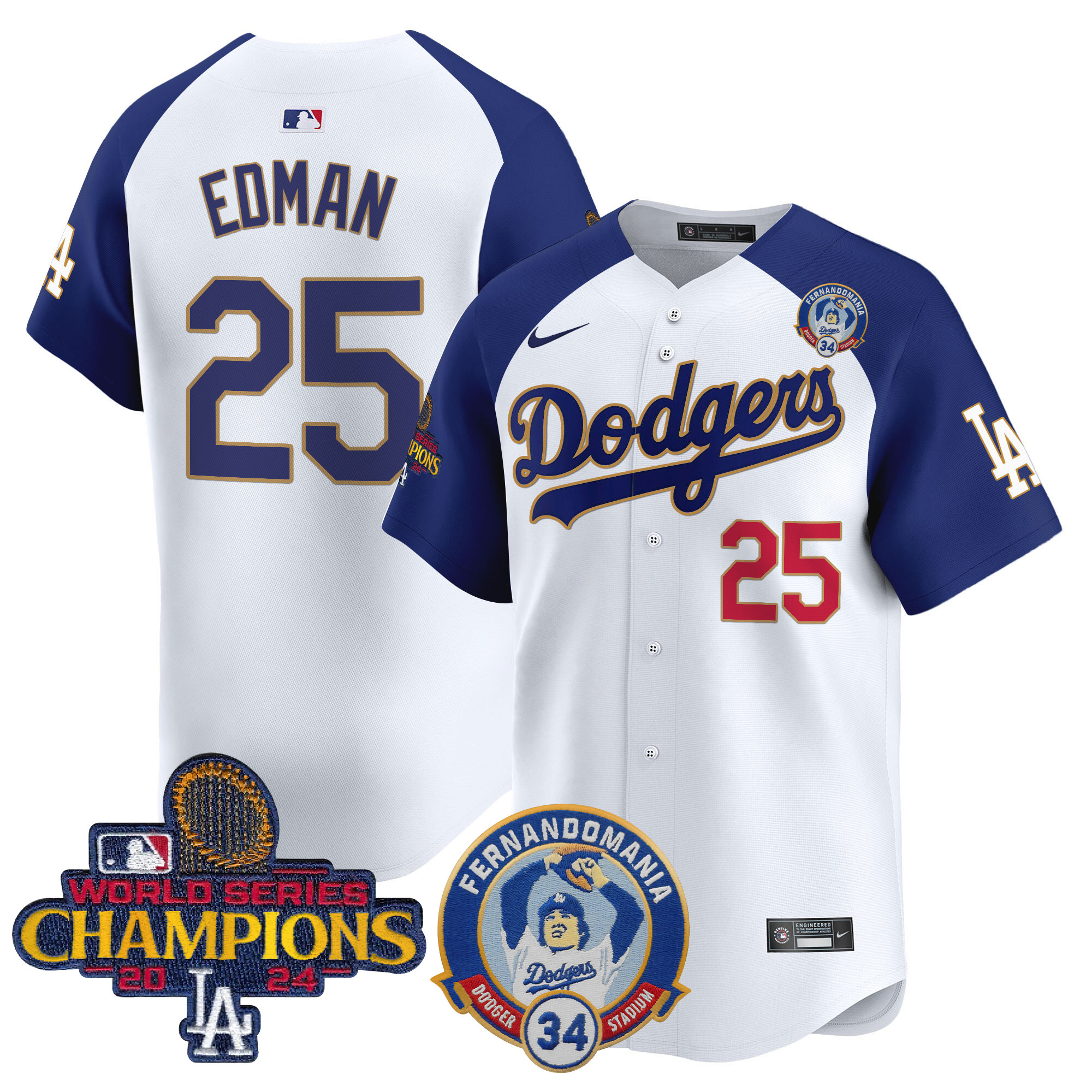 Tommy Edman Men's Los Angeles Dodgers Fernando & 2024 World Series Champions Patch Vapor Premier Limited White Alternate Jersey - All Stitched