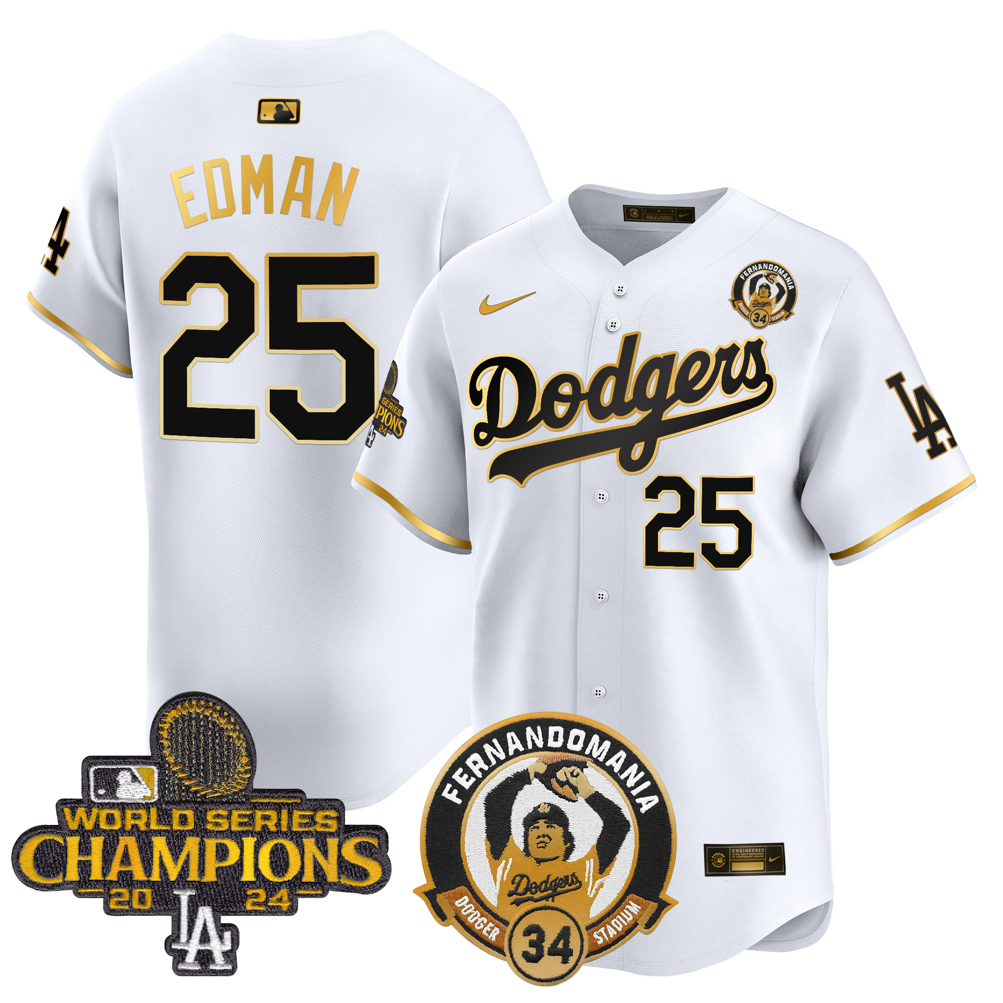 Tommy Edman Men's Los Angeles Dodgers Fernando & 2024 World Series Champions Patch Vapor Premier Limited White Gold Jersey V2 - All Stitched