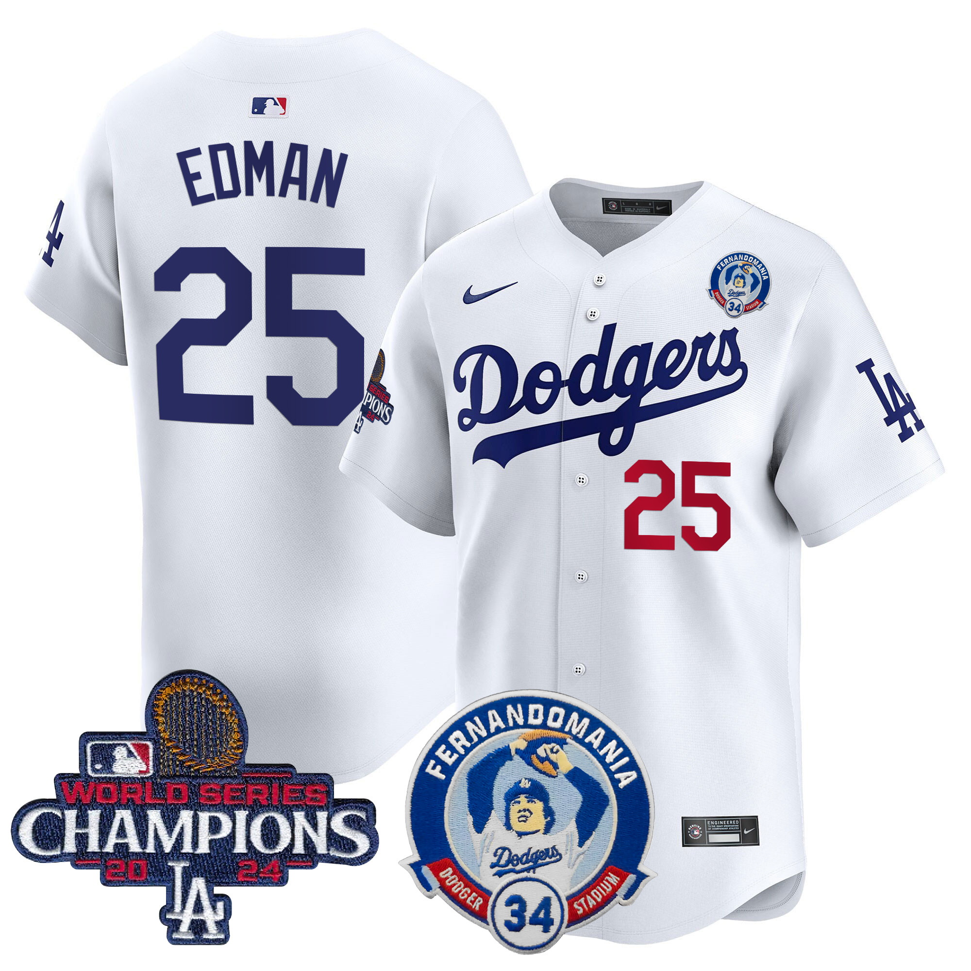 Tommy Edman Men's Los Angeles Dodgers Fernando & 2024 World Series Champions Patch Vapor Premier Limited White Jersey V2 - All Stitched
