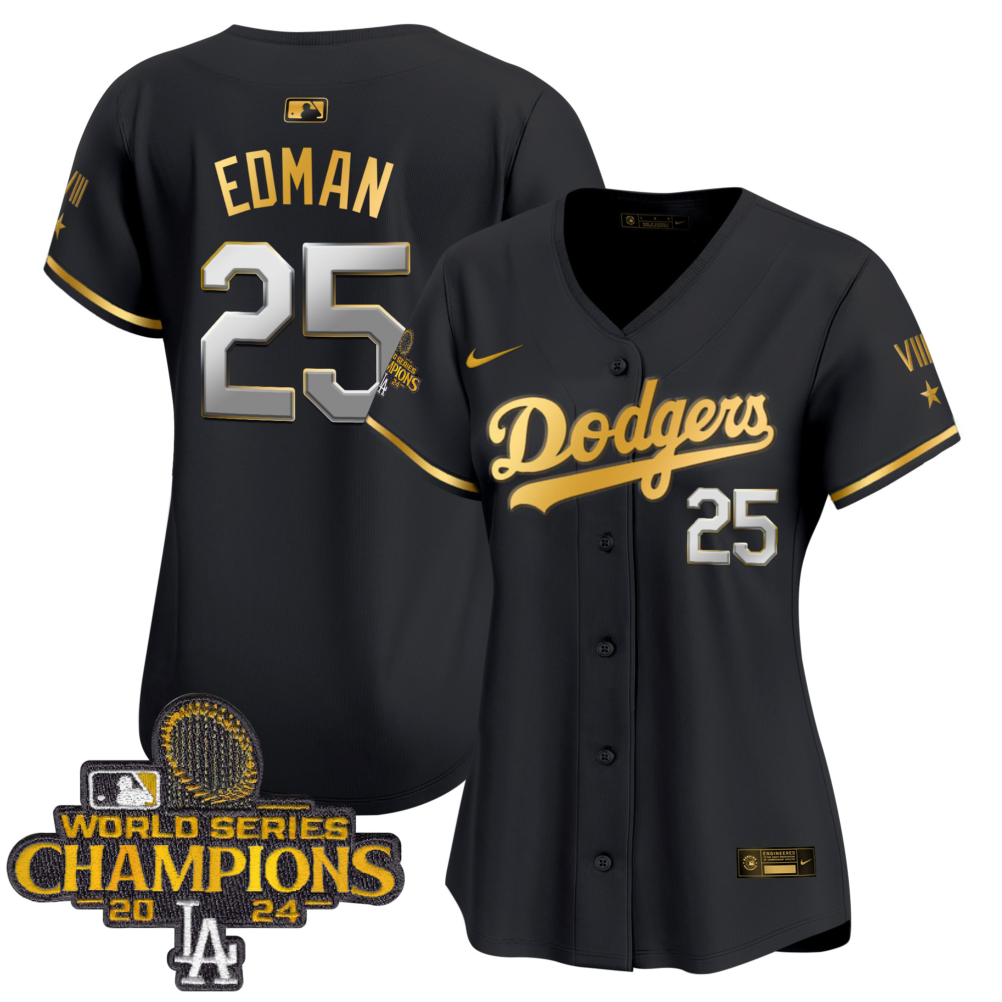 Tommy Edman Women's Los Angeles Dodgers 2024 World Series Champions Gold Trim Vapor Premier Limited Black Gold Jersey - All Stitched