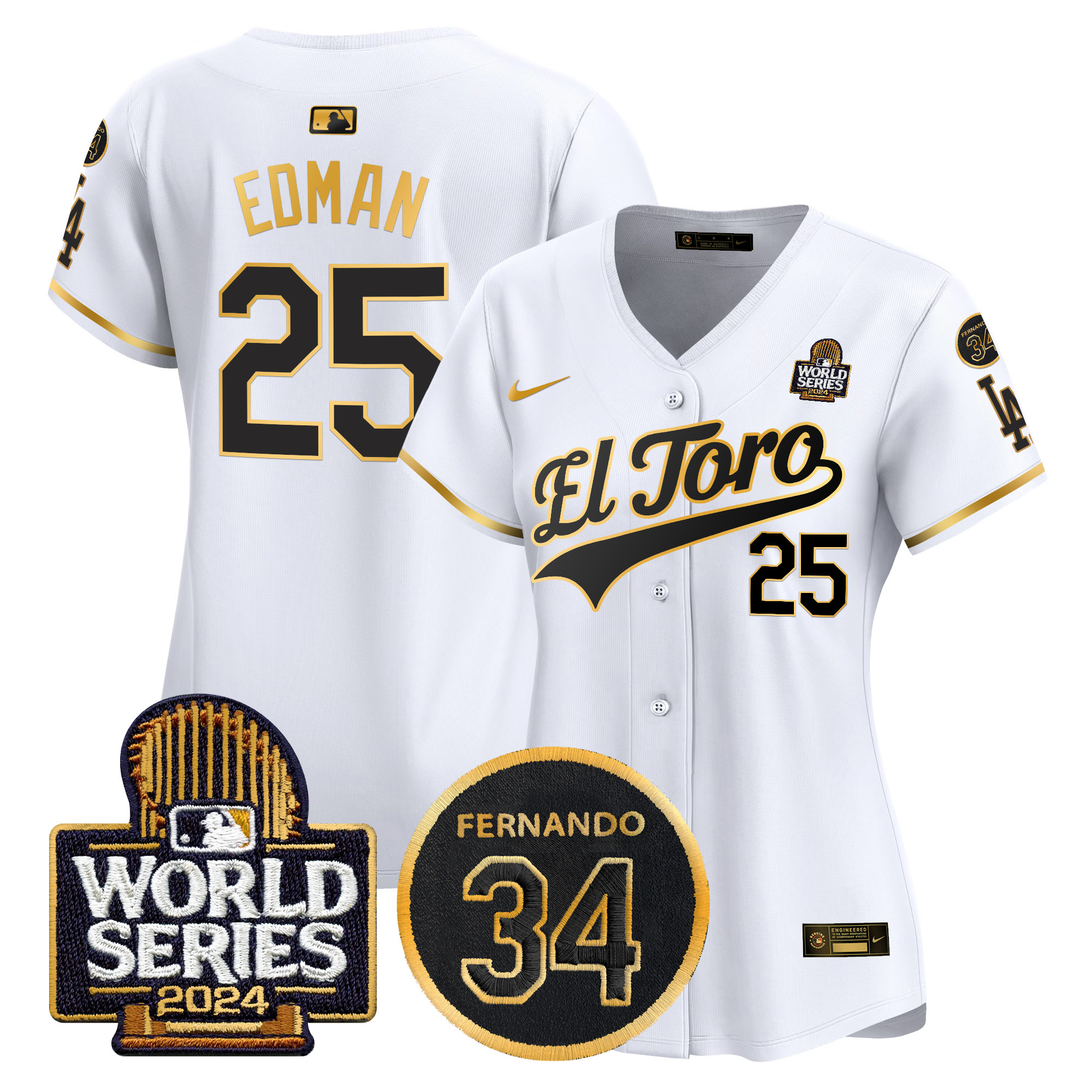 Tommy Edman Women's Los Angeles Dodgers El Toro 2024 World Series Patch Vapor Premier Limited White Gold Jersey - All Stitched