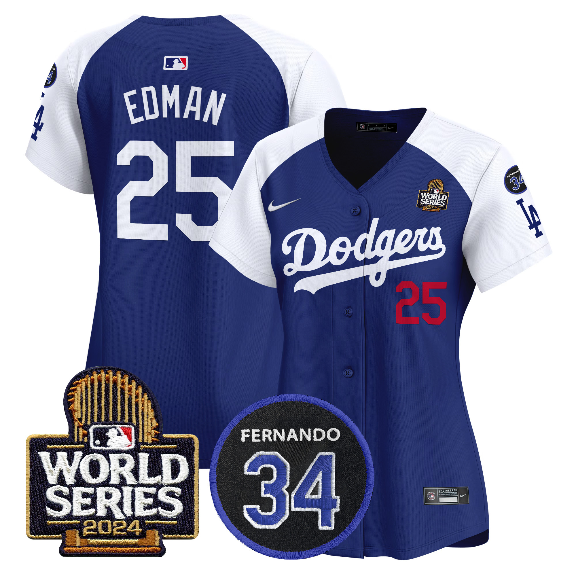 Tommy Edman Women's Los Angeles Dodgers Fernando Memorial & 2024 World Series Patch Vapor Premier Limited Alternate Royal Jersey V2 - All Stitched